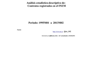 Análisis estadístico-descriptivo de:
           Contratos registrados en el INEM




           Periodo: 1995M01 a 2013M02

Fuente:
                                         http://www.ine.es @es_INE

                       Generado por @Manuel_Vina v0.1 actualizado a 18-04-2013
 