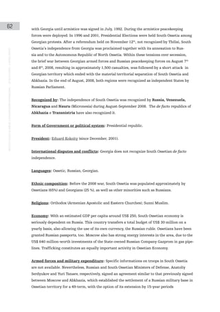 62                                                                                             with Georgia until armistice was signed in July, 1992. During the armistice peacekeeping
                                                                                               forces were deployed. In 1996 and 2001, Presidential Elections were held South Ossetia among
                                                                                               Georgian protests. After a referendum held on November 12th, not recognized by Tbilisi, South
                                                                                               Ossetia’s independence from Georgia was proclaimed together with its annexation to Rus-
instituto galego de análise e documentación internacional · de facto states – a World report




                                                                                               sia and to the Autonomous Republic of North Ossetia. Within these tensions over secession,
                                                                                               the brief war between Georgian armed forces and Russian peacekeeping forces on August 7th
                                                                                               and 8th, 2008, resulting in approximately 1,500 casualties, was followed by a short attack in
                                                                                               Georgian territory which ended with the material territorial separation of South Ossetia and
                                                                                               Abkhazia. In the end of August, 2008, both regions were recognized as independent States by
                                                                                               Russian Parliament.


                                                                                               Recognized by: The independence of South Ossetia was recognized by Russia, Venezuela,
                                                                                               Nicaragua and Nauru (Micronesia) during August-September 2008. The de facto republics of
                                                                                               Abkhazia e Transnistria have also recognized it.


                                                                                               Form of Government or political system: Presidential republic.


                                                                                               President: Eduard Kokoity (since December, 2001).


                                                                                               International disputes and conflicts: Georgia does not recognize South Ossetian de facto
                                                                                               independence.


                                                                                               Languages: Ossetic, Russian, Georgian.


                                                                                               Ethnic composition: Before the 2008 war, South Ossetia was populated approximately by
                                                                                               Ossetians (65%) and Georgians (25 %), as well as other minorities such as Russians.


                                                                                               Religions: Orthodox (Armenian Apostolic and Eastern Churches); Sunni Muslim.


                                                                                               Economy: With an estimated GDP per capita around US$ 250, South Ossetian economy is
                                                                                               seriously dependent on Russia. This country transfers a total budget of US$ 30 million on a
                                                                                               yearly basis, also allowing the use of its own currency, the Russian ruble. Ossetians have been
                                                                                               granted Russian passports, too. Moscow also has strong energy interests in the area, due to the
                                                                                               US$ 640 million-worth investments of the State-owned Russian Company Gazprom in gas pipe-
                                                                                               lines. Trafficking constitutes an equally important activity in Ossetian Economy.


                                                                                               Armed forces and military expenditure: Specific informations on troops in South Ossetia
                                                                                               are not available. Nevertheless, Russian and South Ossetian Ministers of Defense, Anatoliy
                                                                                               Serdyukov and Yuri Tanaev, respectively, signed an agreement similar to that previously signed
                                                                                               between Moscow and Abkhazia, which established the settlement of a Russian military base in
                                                                                               Ossetian territory for a 49-term, with the option of its extension by 15-year periods
 