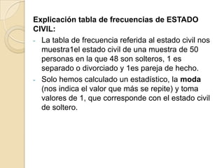 Explicación tabla de frecuencias de ESTADO
CIVIL:
- La tabla de frecuencia referida al estado civil nos
muestra1el estado civil de una muestra de 50
personas en la que 48 son solteros, 1 es
separado o divorciado y 1es pareja de hecho.
- Solo hemos calculado un estadístico, la moda
(nos indica el valor que más se repite) y toma
valores de 1, que corresponde con el estado civil
de soltero.
 