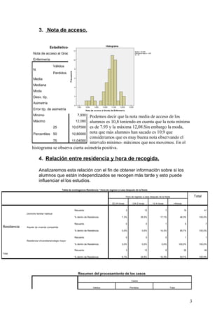 3. Nota de acceso.
Podemos decir que la nota media de acceso de los
alumnos es 10,8 teniendo en cuenta que la nota mínima
es de 7.93 y la máxima 12,08.Sin embargo la moda,
nota que más alumnos han sacado es 10,9 que
consideramos que es muy buena nota observando el
intervalo mínimo- máximos que nos movemos. En el
histograma se observa cierta asimetría positiva.
4. Relación entre residencia y hora de recogida.
Analizaremos esta relación con el fin de obtener información sobre si los
alumnos que están independizados se recogen más tarde y esto puede
influenciar el los estudios.
Resumen del procesamiento de los casos
Casos
Válidos Perdidos Total
Estadísticos
Nota de acceso al Grado de
Enfermería
N
Válidos 49
Perdidos 1
Media 10,53614
Mediana 10,80000
Moda 10,900
Desv. típ. ,940118
Asimetría -1,234
Error típ. de asimetría ,340
Mínimo 7,930
Máximo 12,080
Percentiles
25 10,07500
50 10,80000
75 11,04000
Tabla de contingencia Residencia * Hora de regreso a casa después de la fiesta
Hora de regreso a casa después de la fiesta Total
22-24 horas >24-2 horas >2-4 horas >4horas
Residencia
Domicilio familiar habitual
Recuento 3 12 7 19 41
% dentro de Residencia 7,3% 29,3% 17,1% 46,3% 100,0%
Alquiler de vivienda compartida
Recuento 0 0 1 6 7
% dentro de Residencia 0,0% 0,0% 14,3% 85,7% 100,0%
Residencia Universitaria/colegio mayor
Recuento 0 0 0 1 1
% dentro de Residencia 0,0% 0,0% 0,0% 100,0% 100,0%
Total
Recuento 3 12 8 26 49
% dentro de Residencia 6,1% 24,5% 16,3% 53,1% 100,0%
3
 