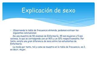 Observando la tabla de frecuencia obtenida, podemos extraer las
siguientes conclusiones:
-De una muestra de 50 alumnos de Enfermería, 45 son mujeres y 5 son
varones, lo que se corresponde con un 90% y un 10% respectivamente. Por
tanto, existe una gran diferencia de sexo entre los estudiantes de
Enfermería.
-La moda por tanto, tal y como se muestra en la tabla de frecuencia, es 2,
es decir, mujer.
Explicación de sexo
 