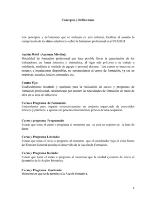 Conceptos y Definiciones
                                                 

 

Los conceptos y definiciones que se incluyen en este informe, facilitan al usuario la
comprensión de los datos estadísticos sobre la formación profesional en el INADEH



Acción Móvil (Acciones Móviles):
Modalidad de formación profesional que hace posible llevar la capacitación de los
trabajadores, en forma intensiva y sistemática, al lugar más próximo a su trabajo o
residencia, mediante el traslado de equipo y personal docente. Los cursos se imparten en
terrenos e instalaciones disponibles, no pertenecientes al centro de formación, ya sea en
empresas, escuelas, locales comunales, etc.

Centro Fijo:
Establecimiento instalado y equipado para la realización de cursos y programas de
formación profesional, caracterizado por atender las necesidades de formación de mano de
obra en su área de influencia.

Curso o Programa de Formación:
Lineamientos para impartir sistemáticamente un conjunto organizado de contenidos
teóricos y prácticos, a quienes no poseen conocimientos previos de una ocupación.


Curso y programa Programado
Estado que toma el curso o programa al momento que se crea un registro en la base de
datos.

Curso y Programa Liberado:
Estado que toma el curso o programa al momento que el coordinador bajo el visto bueno
del Director General autoriza el desarrollo de la Acción de Formación.

Curso y Programa Iniciado:
Estado que toma el curso o programa al momento que la unidad ejecutora da inicio al
desarrollo de la Acción formativa.


Curso y Programa Finalizado:
Momento en que se da término a la Acción formativa.



                                                                                       4 
 
 