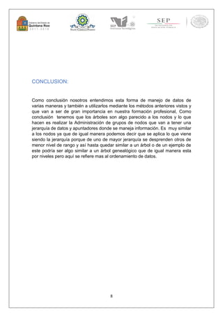 8 
CONCLUSION: 
Como conclusión nosotros entendimos esta forma de manejo de datos de 
varias maneras y también a utilizarlos mediante los métodos anteriores vistos y 
que van a ser de gran importancia en nuestra formación profesional, Como 
conclusión tenemos que los árboles son algo parecido a los nodos y lo que 
hacen es realizar la Administración de grupos de nodos que van a tener una 
jerarquía de datos y apuntadores donde se maneja información. Es muy similar 
a los nodos ya que de igual manera podemos decir que se aplica lo que viene 
siendo la jerarquía porque de uno de mayor jerarquía se desprenden otros de 
menor nivel de rango y así hasta quedar similar a un árbol o de un ejemplo de 
este podría ser algo similar a un árbol genealógico que de igual manera esta 
por niveles pero aquí se refiere mas al ordenamiento de datos. 
