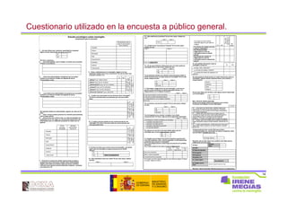 14
Cuestionario utilizado en la encuesta a público general.
Estudio sociológico sobre meningitis
Cuestionario para la encuesta
Buenos días/tardes, le llamo del Instituto DOXA, porque estamos
haciendo un estudio de las opiniones que tiene la gente sobre
algunos temas de salud. ¿Le puedo hacer las preguntas, por
favor?
1. ¿En este último mes, usted por casualidad ha comprado
alguna revista relacionada con temas de salud?
Sí
No
Por favor, mencione…
2. …tres enfermedades que le vengan a la mente que se puedan
producir en la infancia
3. … ahora tres enfermedades contagiosas que se puedan
producir en la infancia. Pueden ser algunas de las ya
mencionadas u otras.
4. … y por último tres enfermedades muy graves que se puedan
producir en la infancia. Pueden ser algunas de las ya
mencionadas u otras.
Del siguiente listado de enfermedades, dígame, de cada una de
ellas…
5. …más o menos cuántas personas ha conocido personalmente,
que la hayan sufrido.
6. …ahora se las voy a volver a leer, y a cada una póngale una
puntuación de 0 a 10, según su nivel de preocupación por esa
enfermedad, pero no solamente pensando en usted, sino en
general.
Nº de
personas
conocidas
Nivel de
preocupación
de 0 a 10
Hepatitis
Cáncer
Meningitis
Sida
Esquizofrenia
Epilepsia
Autismo
Tuberculosis
7. Teniendo en cuenta que existen asociaciones privadas y
fundaciones que luchan para combatir estas enfermedades
dígame, para cada una de ellas, hasta qué punto considera
necesario que la gente le dé prioridad para colaborar, poniendo
una nota de 0 a 10.
Necesidad de que la
gente le dé prioridad
para colaborar
Hepatitis
Cáncer
Meningitis
Sida
Esquizofrenia
Epilepsia
Autismo
Tuberculosis
8. Ahora, centrándonos en la meningitis, dígame si en las
siguientes edades que le voy a mencionar cree que es típico que
se pueda contraer o no.
SÍ NO
¿Bebés? (p.ej. hasta 2 años)
¿Niños? (p.ej. de 3 a 12 años)
¿Adolescentes? (p.ej. de 12 a 18 años)
¿Jóvenes? (p.ej. de 18 a 26 años)
¿Adultos? (p.ej. de 30 a 65 años)
¿Personas mayores? (p.ej. más de 65
años)
Sienalgúncasono
sabe,respondersegún
loqueseimagina.Sino
puedeimaginar,dejaren
blanco.
9. ¿Cuáles cree que pueden ser los síntomas de la meningitis?
Por favor mencione todos los síntomas que cree que podría
tener.
Sienalgúncasonosabe,
respondersegúnloquese
imagina.Sinopuede
imaginar,dejarenblanco.
10. ¿Y cuáles cree que pueden ser las consecuencias de una
meningitis? Por favor mencione todas las consecuencias que
cree que podría tener.
Sienalgúncasonosabe,
respondersegúnloquese
imagina.Sinopuede
imaginar,dejarenblanco.
11. Si antes ha dicho que conoció casos de meningitis: ¿Ha tenido
algún caso de meningitis en alguna persona de su familia
directa?
Sí
No Pasar a la pregunta 20
12. ¿Qué parentesco tenía con usted? Si tuvo dos casos, indique
los dos:
Caso 1 Caso 2
13. ¿Qué edad tenía el paciente? Si tuvo dos casos, indique los
dos:
Caso 1 Caso 2
Edad
14. ¿Cuáles fueron los primeros síntomas? Si tuvo dos casos,
indique los dos:
Caso 1 Caso 2
No lo sé (pasa a P16)
15. ¿Al ver esos síntomas usted pensó que a lo mejor podía ser
meningitis? Si tuvo dos casos, indique los dos:
Caso 1 Caso 2
Sí
No
16.¿El personal sanitario que atendió al paciente pensó desde el
primer momento que a lo mejor podía ser meningitis? Si tuvo dos
casos, indique los dos:
Caso 1 Caso 2
Sí
No
No lo sé
17. Para llegar a diagnosticar que era meningitis, ¿cree que se
perdió un poco de tiempo, se perdió demasiado tiempo, o lo
diagnosticaron con la rapidez necesaria?
Caso1 Caso 2
Creo que se perdió un poco de tiempo
Creo que se perdió demasiado tiempo
Lo diagnosticaron con la rapidez necesaria
No lo sé
18.¿Le hicieron una punción lumbar? Si tuvo dos casos, indique
los dos:
Caso 1 Caso 2
Sí
No
No lo sé
19.¿Consiguieron una curación completa o tuvo malas
consecuencias? Por favor, elija una de las siguientes respuestas:
Caso 1 Caso 2
¿Consiguieron curación completa y sin secuelas…
… o quedaron secuelas leves?
…o quedaron secuelas graves?
… o quedaron secuelas muy graves?
… o el paciente falleció?
20.¿Alguna vez oyó decir que haya habido algún caso de
meningitis que no fuera diagnosticado a tiempo?
Sí
No
21.¿Imagina que el sistema de salud en España en general está
muy bien preparado, más o menos preparado o insuficientemente
preparado para prevenir la meningitis?
22.¿Y para diagnosticarla cuando llega una persona con posibles
síntomas?
23.¿Y para curarla en los casos en que se diagnostica?
Para
prevenir
Para
diagnosticar
Para
curar
Muy bien preparado
Más o menos preparado
Insuficientemente preparado
Si no sabe, por favor responda según lo que usted se imagina. Si sigue
sin saber, dejarlo en blanco
Si no sabe, por favor intente
responder según lo que usted se
imagina
SÍ NO
Paraunas
variantessíy
paraotrasno
No
sabe
24.¿Piensa que existen vacunas
contra la meningitis?
25.¿Piensa que para
diagnosticar un caso de
meningitis existe un método
eficaz?
26.¿Piensa que cuando se
diagnostica un caso de
meningitis existe un tratamiento
eficaz?
27.¿Ha recibido información sobre la
meningitis a través de … SÍ NO
…revistas, radio o televisión?
…¿y a través de carteles o folletos?
…¿y a través del médico de cabecera o el
pediatra?
28.¿Qué grado de interés tendría en recibir información sobre la
meningitis? ¿Mucho interés, bastante interés, poco interés, o
ningún interés?
Mucho
Bastante
Poco
Ninguno
29.¿En este último año ha leído u oído alguna noticia relacionada
con la meningitis?
SÍ
NO
Bien, ahora las últimas preguntas:
Desde el año pasado existe una fundación que se llama
Fundación Irene Megías Contra la Meningitis…
0 a 10
30.…¿Qué grado de importancia o utilidad imagina que
puede tener la existencia de esta fundación?, poniendo
una nota de 0 a 10, en donde 0 sería ninguna importancia
y 10 mucha importancia.
31.…¿Hasta qué punto piensa que es lógico que una
fundación se ocupe de luchar contra esta enfermedad en
vez de dejar el tema en manos de la administración
pública? 0 sería que no es lógico que se ocupe la
fundación, y 10 que sí es lógico que se ocupe la fundación
32.…¿Hasta qué punto imagina que la población española
estará dispuesta a apoyar a esta fundación, también de 0 a
10?
33…Y usted, personalmente, ¿hasta qué punto cree que le
despertaría interés colaborar con esta fundación, también
de 0 a 10?
34.Esta fundación tiene un sitio Web que se llama
contralameningitis.org. ¿Qué grado de interés le despierta visitar
ese sitio Web? (También de 0 a 10)
No tengo internet
Muy bien, eso es todo. Ahora voy a pedirle unos datos para la
clasificación de la encuesta:
Hombre
35.Sexo
Mujer
36.Edad
37.Nivel de estudios
38.Ocupación
39.Población
40.Estado civil
41.¿Tiene hijos?
42.¿Cuántos?
43. Edades de los
hijos Indicar la edad de todos los hijos
Muy bien, hemos terminado. Muchas gracias por su colaboración.
 