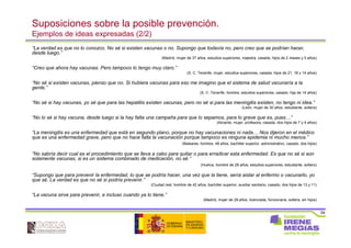 59
Suposiciones sobre la posible prevención.
Ejemplos de ideas expresadas (2/2)
“La verdad es que no lo conozco. No sé si existen vacunas o no. Supongo que todavía no, pero creo que se podrían hacer,
desde luego.”
(Madrid, mujer de 37 años, estudios superiores, maestra, casada, hijos de 2 meses y 5 años)
“Creo que ahora hay vacunas. Pero tampoco lo tengo muy claro.”
(S. C. Tenerife, mujer, estudios superiores, casada, hijos de 21, 18 y 14 años)
“No sé si existen vacunas, pienso que no. Si hubiera vacunas para eso me imagino que el sistema de salud vacunaría a la
gente.”
(S. C. Tenerife, hombre, estudios superiores, casado, hija de 14 años)
“No sé si hay vacunas, yo sé que para las hepatitis existen vacunas, pero no sé si para las meningitis existen, no tengo ni idea.”
(León, mujer de 30 años, estudiante, soltera)
“No lo sé si hay vacuna, desde luego si la hay falta una campaña para que lo sepamos, para lo grave que es, pues…”
(Alicante, mujer, profesora, casada, dos hijos de 7 y 4 años)
“La meningitis es una enfermedad que está en segundo plano, porque no hay vacunaciones ni nada… Nos dijeron en el médico
que es una enfermedad grave, pero que no hace falta la vacunación porque tampoco es ninguna epidemia ni mucho menos.”
(Baleares, hombre, 48 años, bachiller superior, administrativo, casado, dos hijos)
“No sabría decir cual es el procedimiento que se lleva a cabo para quitar o para erradicar esta enfermedad. Es que no sé si son
solamente vacunas, si es un sistema combinado de medicación, no sé.”
(Huelva, hombre de 28 años, estudios superiores, estudiante, soltero)
“Supongo que para prevenir la enfermedad, lo que se podría hacer, una vez que la tiene, sería aislar al enfermo o vacunarlo, yo
que sé. La verdad es que no sé si podría prevenir.”
(Ciudad real, hombre de 42 años, bachiller superior, auxiliar sanitario, casado, dos hijos de 13 y 11)
“La vacuna sirve para prevenir, e incluso cuando ya lo tiene.”
(Madrid, mujer de 28 años, licenciada, funcionaria, soltera, sin hijos)
 