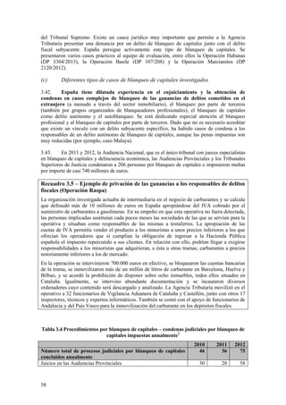 58
del Tribunal Supremo. Existe un cauce jurídico muy importante que permite a la Agencia
Tributaria presentar una denuncia por un delito de blanqueo de capitales junto con el delito
fiscal subyacente. España persigue activamente este tipo de blanqueo de capitales. Se
presentaron varios casos prácticos al equipo de evaluación, entre ellos la Operación Habanas
(DP 3304/2013), la Operación Basile (DP 107/208) y la Operación Marcianitos (DP
2120/2012).
(c) Diferentes tipos de casos de blanqueo de capitales investigados
3.42. España tiene dilatada experiencia en el enjuiciamiento y la obtención de
condenas en casos complejos de blanqueo de las ganancias de delitos cometidos en el
extranjero (a menudo a través del sector inmobiliario), el blanqueo por parte de terceros
(también por grupos organizados de blanqueadores profesionales), el blanqueo de capitales
como delito autónomo y el autoblanqueo. Se está dedicando especial atención al blanqueo
profesional y al blanqueo de capitales por parte de terceros. Dado que no es necesario acreditar
que existe un vínculo con un delito subyacente específico, ha habido casos de condena a los
responsables de un delito autónomo de blanqueo de capitales, aunque las penas impuestas son
muy reducidas (por ejemplo, caso Malaya).
3.43. En 2011 y 2012, la Audiencia Nacional, que es el único tribunal con jueces especialistas
en blanqueo de capitales y delincuencia económica, las Audiencias Provinciales y los Tribunales
Superiores de Justicia condenaron a 206 personas por blanqueo de capitales e impusieron multas
por importe de casi 740 millones de euros.
Recuadro 3.5 – Ejemplo de privación de las ganancias a los responsables de delitos
fiscales (Operación Raspa)
La organización investigada actuaba de intermediaria en el negocio de carburantes y se calcula
que defraudó más de 10 millones de euros en España apropiándose del IVA cobrado por el
suministro de carburantes a gasolineras. En su empeño en que esta operativa no fuera detectada,
las personas implicadas sustituían cada pocos meses las sociedades de las que se servían para la
operativa y situaban como responsables de las mismas a testaferros. La apropiación de las
cuotas de IVA permitía vender el producto a los minoristas a unos precios inferiores a los que
ofrecían los operadores que sí cumplían la obligación de ingresar a la Hacienda Pública
española el impuesto repercutido a sus clientes. En relación con ello, podrían llegar a exigirse
responsabilidades a los minoristas que adquirieran, a ésta u otras tramas, carburantes a precios
notoriamente inferiores a los de mercado.
En la operación se intervinieron 700.000 euros en efectivo, se bloquearon las cuentas bancarias
de la trama, se inmovilizaron más de un millón de litros de carburante en Barcelona, Huelva y
Bilbao, y se acordó la prohibición de disponer sobre ocho inmuebles, todos ellos situados en
Cataluña. Igualmente, se intervino abundante documentación y se incautaron diversos
ordenadores cuyo contenido será descargado y analizado. La Agencia Tributaria movilizó en el
operativo a 32 funcionarios de Vigilancia Aduanera de Cataluña y Castellón, junto con otros 17
inspectores, técnicos y expertos informáticos. También se contó con el apoyo de funcionarios de
Andalucía y del País Vasco para la inmovilización del carburante en los depósitos fiscales.
Tabla 3.4 Procedimientos por blanqueo de capitales – condenas judiciales por blanqueo de
capitales impuestas anualmente1
2010 2011 2012
Número total de procesos judiciales por blanqueo de capitales
concluidos anualmente
46 36 75
Juicios en las Audiencias Provinciales 30 28 58
 