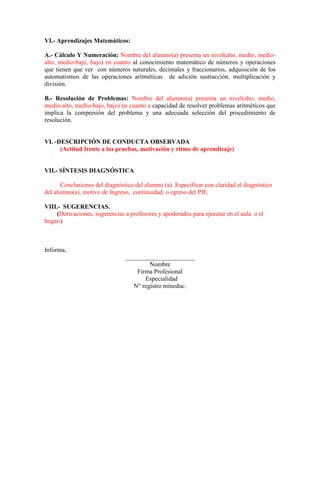 VI.- Aprendizajes Matemáticos:
A.- Cálculo Y Numeración: Nombre del alumno(a) presenta un nivel(alto, medio, medio-
alto, medio-bajo, bajo) en cuanto al conocimiento matemático de números y operaciones
que tienen que ver con números naturales, decimales y fraccionarios, adquisición de los
automatismos de las operaciones aritméticas de adición sustracción, multiplicación y
división.
B.- Resolución de Problemas: Nombre del alumno(a) presenta un nivel(alto, medio,
medio-alto, medio-bajo, bajo) en cuanto a capacidad de resolver problemas aritméticos que
implica la compresión del problema y una adecuada selección del procedimiento de
resolución.
VI. -DESCRIPCIÓN DE CONDUCTA OBSERVADA
(Actitud frente a las pruebas, motivación y ritmo de aprendizaje)
VII.- SÍNTESIS DIAGNÓSTICA
Conclusiones del diagnóstico del alumno (a). Especificar con claridad el diagnóstico
del alumno(a), motivo de Ingreso, continuidad, o egreso del PIE.
VIII.- SUGERENCIAS.
(Derivaciones, sugerencias a profesores y apoderados para ejecutar en el aula o el
hogar.)
Informa,
______________________
Nombre
Firma Profesional
Especialidad
N° registro mineduc.
 