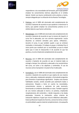respondieron a las necesidades de formación, por lo que podrán
emplear los conocimientos teóricos adquiridos en el ámbito
laboral. Existió una buena combinación entre práctica y teoría,
siempre abogando por la utilización de las Nuevas Tecnologías.


Prácticas: casi el 100% del alumnado está completamente de
acuerdo o bastante de acuerdo en que ayudaron a interiorizar la
teoría, que podrán emplear los conocimientos práctico en el
ámbito laboral y que fueron suficientes.



Metodología: casi el 100% del alumnado está completamente de
acuerdo o bastante de acuerdo en que la manera de impartir el
curso fue la adecuada, con una correcta organización. Los/as
discentes se sintieron cómodos para opinar, reflexionar…
durante el curso, lo que también ayudó a que se sintieran
motivados e interesados. El trabajo en grupo e individual fue el
único punto que resaltaría por su neutralidad, ya que la mitad
opina que ni está en desacuerdo ni de acuerdo en que fue
positivo, y la otra mitad está completamente de acuerdo.



Recursos: casi el 100% del alumnado está completamente de
acuerdo o bastante de acuerdo en que el material dado se
entregó a tiempo, fue suficiente y adecuado a las características
del curso, así como a los objetivos y contenidos. El uso de
recursos como el proyector o la pizarra fue el adecuado.



Formador/a: casi el 100% del alumnado está completamente de
acuerdo o bastante de acuerdo en que explica de una manera
clara y adecuada, empleando ejemplos y formulando preguntas
para fomentar el aprendizaje significativo. Emplea unas buenas
habilidades sociales, siendo accesible para plantearle dudas o
aclaraciones. Respeta y tiene en cuenta las necesidades,
conocimientos previos y opiniones de cada alumno/a,
fomentando un ambiente distendido en clase. También organiza
de una manera adecuada la teoría y la práctica, empleando
recapitulaciones del contenido y dando respuesta a las dudas
planteadas. Fomenta la motivación, utiliza criterios de
evaluación objetivos al igual que recurso didácticos adecuados.
Este/a profesional respeta los horarios, conoce los temas a tratar
en profundidad y aporta material complementario. Una pequeña
10

 