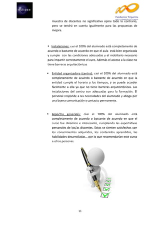 muestra de discentes no significativa opina todo lo contrario,
pero se tendrá en cuenta igualmente para las propuestas de
mejora.

 Instalaciones: casi el 100% del alumnado está completamente de
acuerdo o bastante de acuerdo en que el aula está bien organizada
y cumple con las condiciones adecuadas y el mobiliario necesario
para impartir correctamente el curo. Además el acceso a la clase no
tiene barreras arquitectónicas


Entidad organizadora (centro): casi el 100% del alumnado está
completamente de acuerdo o bastante de acuerdo en que la
entidad cumple el horario y los tiempos, y se puede acceder
fácilmente a ella ya que no tiene barreras arquitectónicas. Las
instalaciones del centro son adecuadas para la formación. El
personal responde a las necesidades del alumnado y aboga por
una buena comunicación y contacto permanente.



Aspectos generales: casi el 100% del alumnado está
completamente de acuerdo o bastante de acuerdo en que el
curso fue dinámico e interesante, cumpliendo las expectativas
personales de los/as discentes. Estos se sienten satisfechos con
los conocimientos adquiridos, los contenidos aprendidos, las
habilidades desarrolladas… por lo que recomendarían este curso
a otras personas.

11

 