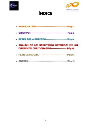 ÍNDICE
INTRODUCCIÓN----------------------------- Pág 3
OBJETIVOS----------------------------------- Pág 5
PERFIL DEL ALUMNADO-------------------- Pág 6
ANÁLISIS DE LOS RESULTADOS OBTENIDOS EN LOS
DIFERENTES CUESTIONARIOS--------------- Pág 13
PLAN DE MEJORA--------------------------- Pág 14
ANEXOS ------------------------------------- Pág 15

2

 