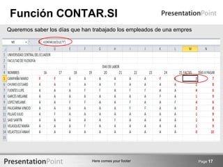 Here comes your footer
Función CONTAR.SI
Page 17
Queremos saber los días que han trabajado los empleados de una empres
 