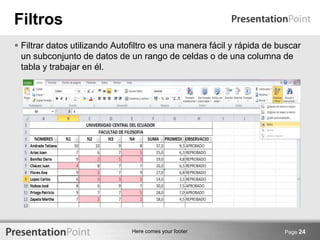 Here comes your footer
Filtros
 Filtrar datos utilizando Autofiltro es una manera fácil y rápida de buscar
un subconjunto de datos de un rango de celdas o de una columna de
tabla y trabajar en él.
Page 24
 