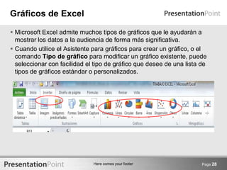 Here comes your footer
Gráficos de Excel
 Microsoft Excel admite muchos tipos de gráficos que le ayudarán a
mostrar los datos a la audiencia de forma más significativa.
 Cuando utilice el Asistente para gráficos para crear un gráfico, o el
comando Tipo de gráfico para modificar un gráfico existente, puede
seleccionar con facilidad el tipo de gráfico que desee de una lista de
tipos de gráficos estándar o personalizados.
Page 28
 