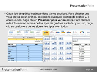 Here comes your footer
 Cada tipo de gráfico estándar tiene varios subtipos. Para obtener una
vista previa de un gráfico, seleccione cualquier subtipo de gráfico y, a
continuación, haga clic en Presionar para ver muestra. Para obtener
más información acerca de los tipos de gráficos estándar y su uso, haga
clic en cualquiera de los siguientes tipos o en todos.
Page 29
 