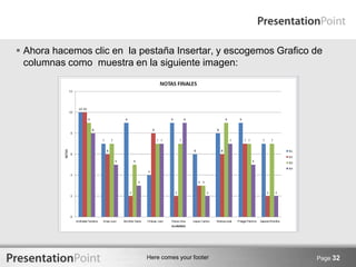 Here comes your footer
 Ahora hacemos clic en la pestaña Insertar, y escogemos Grafico de
columnas como muestra en la siguiente imagen:
Page 32
 