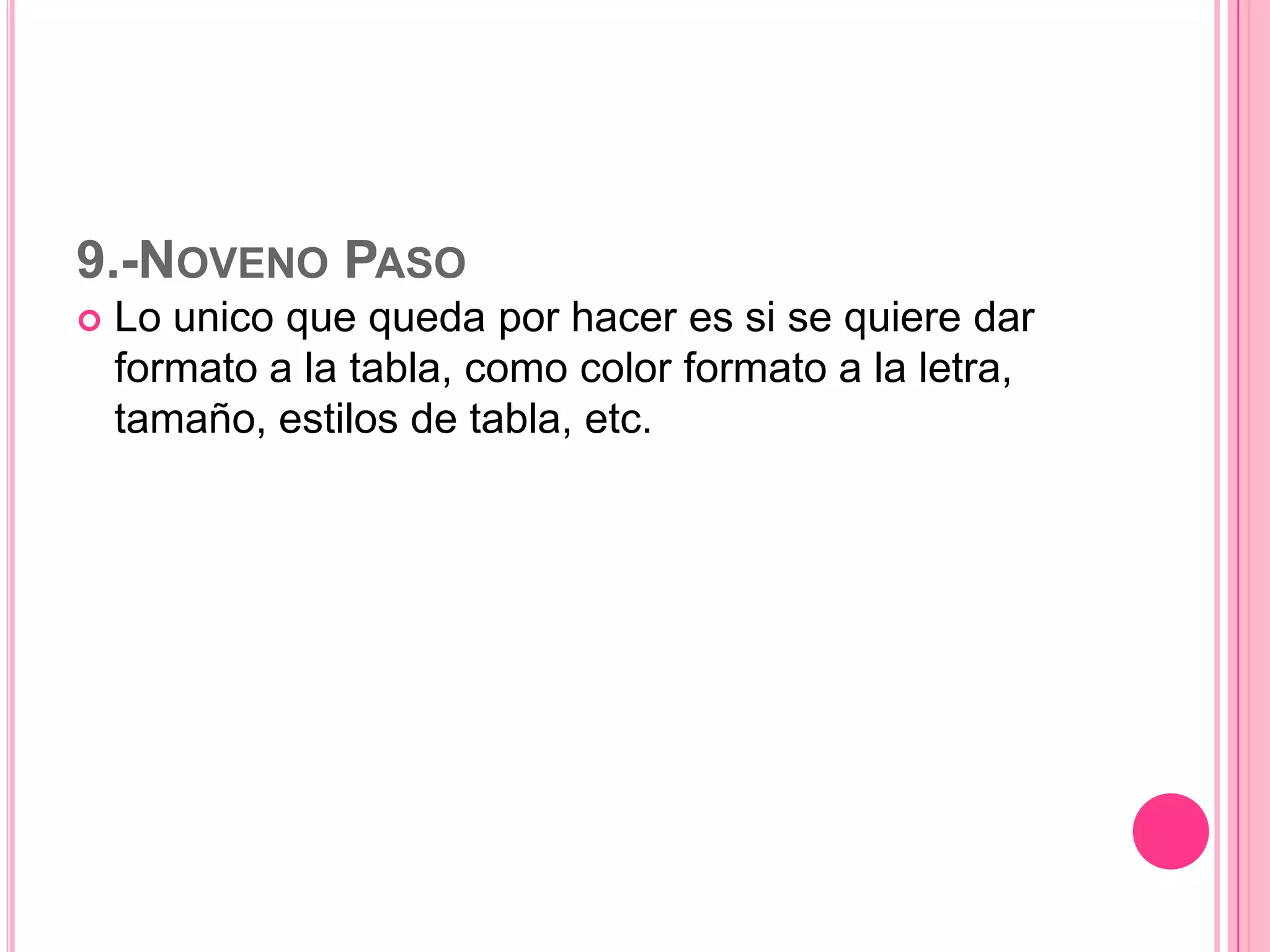 9.-NOVENO PASO


Lo unico que queda por hacer es si se quiere dar
formato a la tabla, como color formato a la letra,
tamaño, estilos de tabla, etc.

 