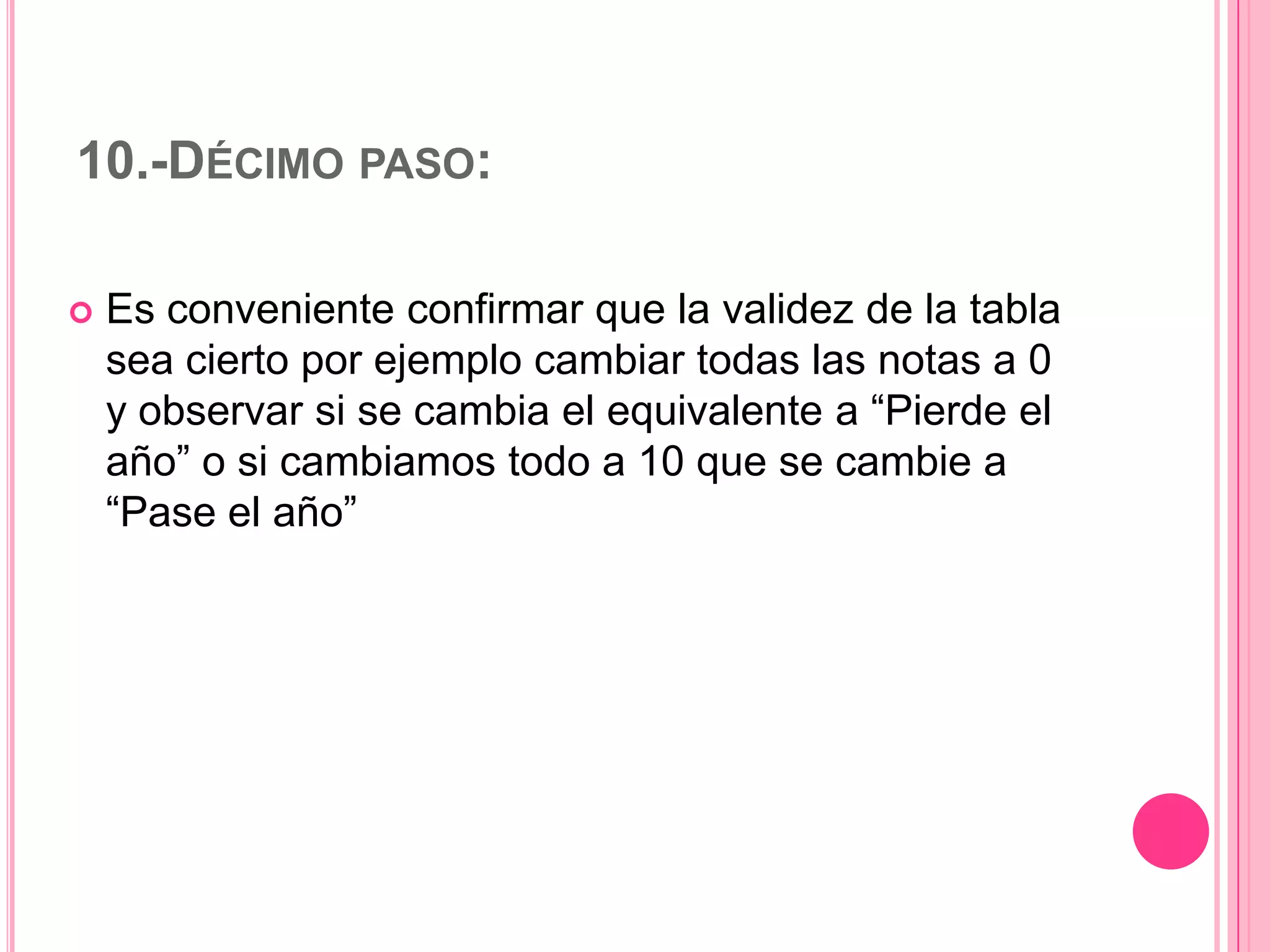 10.-DÉCIMO PASO:


Es conveniente confirmar que la validez de la tabla
sea cierto por ejemplo cambiar todas las notas a 0
y observar si se cambia el equivalente a “Pierde el
año” o si cambiamos todo a 10 que se cambie a
“Pase el año”

 