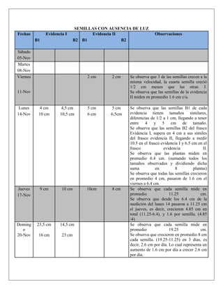 SEMILLAS CON AUSENCIA DE LUZ
Fechas         Evidencia I            Evidencia II                 Observaciones
          B1                   B2 B1               B2

Sábado
05-Nov
Martes
08-Nov
Viernes                             2 cm      2 cm   Se observa que 3 de las semillas crecen a la
                                                     misma velocidad, la cuarta semilla creció
                                                     1/2 cm menos que las otras 3.
11-Nov                                               Se observa que las semillas de la evidencia
                                                     II miden en promedio 1.6 cm c/u.

 Lunes      4 cm       4,5 cm       5 cm      5 cm   Se observa que las semillas B1 de cada
14-Nov     10 cm      10,5 cm       6 cm     6,5cm   evidencia tienen tamaños similares,
                                                     diferencias de 1/2 a 1 cm, llegando a tener
                                                     entre 4 y 5 cm de tamaño.
                                                     Se observa que las semillas B2 del frasco
                                                     Evidencia I, supera en 4 cm a sus símiles
                                                     del frasco evidencia II, llegando a medir
                                                     10.5 en el frasco evidencia I y 6.5 cm en el
                                                     frasco             evidencia               II.
                                                     Se observa que las plantas miden en
                                                     promedio 6.4 cm. (sumando todos los
                                                     tamaños observados y dividiendo dicha
                                                     suma           en         8          plantas)
                                                     Se observa que todas las semillas crecieron
                                                     en promedio 4 cm, pasaron de 1.6 cm el
                                                     viernes a 6.4 cm.
Jueves     9 cm        10 cm        10cm      8 cm   Se observa que cada semilla mide en
17-Nov                                               promedio               11.25             cm.
                                                     Se observa que desde los 6.4 cm de la
                                                     medición del lunes 14 pasaron a 11.25 cm
                                                     el jueves, es decir, crecieron 4.85 cm en
                                                     total (11.25-6.4), y 1.6 por semilla. (4.85
                                                     /4)
Doming    23,5 cm     14,5 cm                        Se observa que cada semilla mide en
   o                                                 promedio               19.25             cm.
20-Nov     16 cm       23 cm                         Se observa que crecieron en promedio 8 cm
                                                     cada semilla. (19.25-11.25) en 3 días, es
                                                     decir, 2.6 cm por día. Lo cual representa un
                                                     aumento de 1.6 cm por día a crecer 2.6 cm
                                                     por día.
 