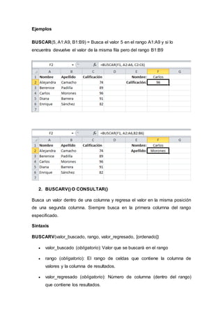 Ejemplos
BUSCAR(5, A1:A9, B1:B9) = Busca el valor 5 en el rango A1:A9 y si lo
encuentra devuelve el valor de la misma fila pero del rango B1:B9
2. BUSCARV() O CONSULTAR()
Busca un valor dentro de una columna y regresa el valor en la misma posición
de una segunda columna. Siempre busca en la primera columna del rango
especificado.
Sintaxis
BUSCARV(valor_buscado, rango, valor_regresado, [ordenado])
 valor_buscado (obligatorio): Valor que se buscará en el rango
 rango (obligatorio): El rango de celdas que contiene la columna de
valores y la columna de resultados.
 valor_regresado (obligatorio): Número de columna (dentro del rango)
que contiene los resultados.
 