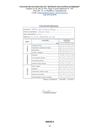 COLEGIO DE BACHILLERATO “REMIGIO GEO GOMEZ GUERRERO”
Fundado el 8 de Julio de 1976. Según Acuerdo Ministerial N° 1387
Dirección: Av. La República y Asaad Bucarán
e-mail: colegioremigiogeogomez_2462@hotmail.es
Telf: (07)-2510370
-27-
ANEXO 4
 