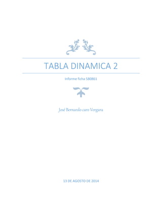 TABLA DINAMICA 2
Informe ficha 580861
José Bernardo caro Vergara
13 DE AGOSTO DE 2014
 