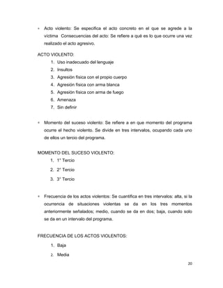 ∗   Acto violento: Se especifica el acto concreto en el que se agrede a la
    víctima Consecuencias del acto: Se refiere a qué es lo que ocurre una vez
    realizado el acto agresivo.

ACTO VIOLENTO:
       1. Uso inadecuado del lenguaje
       2. Insultos
       3. Agresión física con el propio cuerpo
       4. Agresión física con arma blanca
       5. Agresión física con arma de fuego
       6. Amenaza
       7. Sin definir


∗   Momento del suceso violento: Se refiere a en que momento del programa
    ocurre el hecho violento. Se divide en tres intervalos, ocupando cada uno
    de ellos un tercio del programa.


MOMENTO DEL SUCESO VIOLENTO:
       1. 1° Tercio

       2. 2° Tercio

       3. 3° Tercio


∗   Frecuencia de los actos violentos: Se cuantifica en tres intervalos: alta, si la
    ocurrencia de situaciones violentas se da en los tres momentos
    anteriormente señalados; medio, cuando se da en dos; baja, cuando solo
    se da en un intervalo del programa.


FRECUENCIA DE LOS ACTOS VIOLENTOS:

       1. Baja

       2. Media

                                                                                 20
 