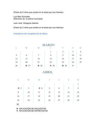 (Padre de 2 niños que oscilan en la edad que nos interesa)

Luis Blan Gonzales
(Elemento de la policía municipal)

Juan José Zaragoza Galindo

(Padre de 3 niños que oscilan en la edad que nos interesa)


Calendario de recopilación de datos.




                                   MARZO
  L           M             M                J           V           S         D

                                             1           2           3         4
  5           6             7                8           9           10        11
  12         13             14               15          16          17        18
  19         20             21               22          23          24        25
  26          27            28              29         30        31


                                     ABRIL

       L          M         M            J          V           S         D

                                                                          1

        2        3           4         5          6           7         8

       9          10        11          12          13          14        15

      16          17        18          19          20          21        22

      23          24        25          26          27          28        29

   30

    APLICACIÓN DE ENCUESTAS
    APLICACIÓN DE ENTREVISTAS
 