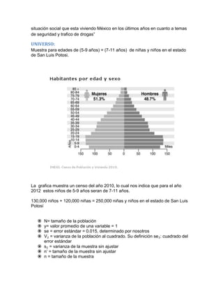 situación social que esta viviendo México en los últimos años en cuanto a temas
de seguridad y trafico de drogas”

UNIVERSO:
Muestra para edades de (5-9 años) = (7-11 años) de niñas y niños en el estado
de San Luis Potosi.




La grafica muestra un censo del año 2010, lo cual nos indica que para el año
2012 estos niños de 5-9 años seran de 7-11 años.

130,000 niños + 120,000 niñas = 250,000 niñas y niños en el estado de San Luis
Potosí


    N= tamaño de la población
    y= valor promedio de una variable = 1
    se = error estándar = 0.015, determinado por nosotros
    V₂ = varianza de la población al cuadrado. Su definición se₂: cuadrado del
     error estándar
    s₂ = varianza de la muestra sin ajustar
    n’ = tamaño de la muestra sin ajustar
    n = tamaño de la muestra
 