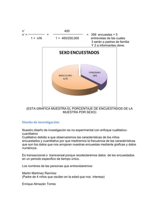 n’                            400
n’ =             =                           = 399 encuestas + 5
       1 + n/N         1 + 400/250,000         entrevistas de las cuales
                                               3 serán a padres de familia
                                               Y 2 a informantes clave.




   (ESTA GRAFICA MUESTRA EL PORCENTAJE DE ENCUESTADOS DE LA
                      MUESTRA POR SEXO)


Diseño de investigación:

Nuestro diseño de investigación es no experimental con enfoque cualitativo-
cuantitativo
Cualitativo debido a que observaremos las características de los niños
encuestados y cuantitativo por que mediremos la frecuencia de las características
que son los datos que nos arrojaran nuestras encuestas mediante graficas y datos
numéricos.

Es transaccional o transversal porque recolectaremos datos de los encuestados
en un periodo especifico de tiempo único.

Los nombres de las personas que entrevistaremos:

Martin Martínez Ramírez
(Padre de 4 niños que oscilan en la edad que nos interesa)

Enrique Almazán Torres
 