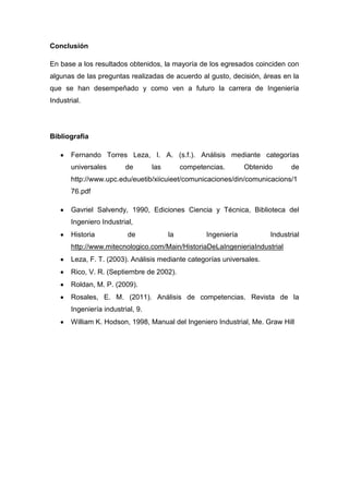 Conclusión

En base a los resultados obtenidos, la mayoría de los egresados coinciden con
algunas de las preguntas realizadas de acuerdo al gusto, decisión, áreas en la
que se han desempeñado y como ven a futuro la carrera de Ingeniería
Industrial.




Bibliografía

       Fernando Torres Leza, I. A. (s.f.). Análisis mediante categorías
       universales        de       las        competencias.       Obtenido      de
       http://www.upc.edu/euetib/xiicuieet/comunicaciones/din/comunicacions/1
       76.pdf

       Gavriel Salvendy, 1990, Ediciones Ciencia y Técnica, Biblioteca del
       Ingeniero Industrial,
       Historia           de             la          Ingeniería          Industrial
       http://www.mitecnologico.com/Main/HistoriaDeLaIngenieriaIndustrial
       Leza, F. T. (2003). Análisis mediante categorías universales.
       Rico, V. R. (Septiembre de 2002).
       Roldan, M. P. (2009).
       Rosales, E. M. (2011). Análisis de competencias. Revista de la
       Ingeniería industrial, 9.
       William K. Hodson, 1998, Manual del Ingeniero Industrial, Me. Graw Hill
 