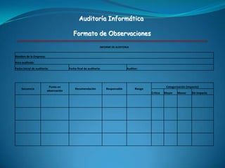Auditoría Informática



Conclusiones

•El informe de auditoria tiene que estar basado en una metodología,
misma que debe ...