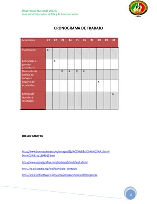 Universidad Nacional de Loja
Área de la Educación el Arte y la Comunicación



                           CRONOGRAMA DE TRABAJO

Actividades         21     22    23    24    25   26   27     28   29   31


Planificación       X


Entrevistas a              X
gerente
propietario
Desarrollo de                    X     X     X    X
análisis de
software
Reporte de                                                    X
actividades

Entrega de                                                              X
reportes y
resultados




BIBLIOGRAFIA



http://www.buenastareas.com/ensayos/Qu%C3%A9-Es-El-An%C3%A1lisis-y-
Dise%C3%B1o/1904015.html

http://www.monografias.com/trabajos5/andi/andi.shtml

http://es.wikipedia.org/wiki/Software_contable

http://www.nchsoftware.com/accounting/es/index.htmldescarga




                                                                             23
 