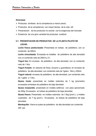 Prácticas Intermedias y Finales



   Amenazas
    Productos similares de la competencia a menor precio
    Productos de la competencia con mayor tiempo de la vida útil
    Presentación de los productos no acorde con la exigencias del mercado
    Existencia de una gran variedad de productos sustituto


   2.7. PRESENTACION DE PRODUCTOS DE LA PLANTA PILOTO DE
         LECHE:
      Leche fresca pasteurizada: Presentada en bolsas de polietileno, con un
      contenido de 946ml.
      Leche chocolatada: Envasada en botellas de polietileno de alta densidad
      con un contenido neto de 200ml y 2 l.
      Yogurt bio: En envases de polietileno de alta densidad, con un contenido
      neto de 1 litro.
      Yogurt frutado: en sabores de fresa, durazno y guanábana; en envases de
      polietileno de alta densidad, con contenido neto de 1galon, 1litro y 200ml.
      Yogurt natural: envases de polietileno de alta densidad, con contenido neto
      de 1 galón y 1 litro.
      Queso ricota: presentado en moldes redondos de 1 kg (promedio)
      envasados embolsas de polietileno de baja densidad.
      Queso mozzarella: presentado en moldes esféricos con peso aproximado
      de 200g. Envasados en bolsas de polietileno de baja densidad.
      Queso fresco: Presentado en moldes redondos de 1,5kg (prom.) y moldes
      cuadrados de 7 kg (prom.) Envasados en bolsas de polietileno de baja
      densidad.
      Mantequilla: Viene en potes de polietileno de alta densidad con contenido
      220 grs




                                         5
 