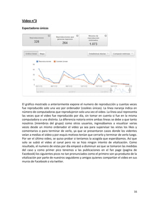 Video n°3
Espectadores únicos




El gráfico mostrado a anteriormente expone el numero de reproducción y cuantas veces
fue reproducido solo una vez por ordenador (cookies únicas). La línea naranja indica en
número de computadoras que reprodujeron solo una vez el video. La línea azul representa
las veces que el video fue reproducido por día, sin tomar en cuenta si fue en la misma
computadora o una distinta. La diferencia notoria entre ambas líneas se debe a que tanto
nosotros (miembros del grupo) como otros usuarios, ingresábamos a visualizar varias
veces desde un mismo ordenador el video ya sea para supervisar las vistas los likes y
comentarios o para terminar de verlo, ya que se presentaron casos donde los videntes
veían a medias el video y por esquís motivos tenían que cerrarlo y terminar de verlo luego.
Por ser el último video, se quiso probar si teníamos la acogida que esperábamos. Así que
solo se subió el video al canal pero no se hizo ningún intento de vitalización. Como
resultado, el numero de vistas por día empezó a disminuir asi que se tomaron las medidas
del caso y como primer pico tenemos a las publicaciones en el fan page (pagina de
Facebook) los siguientes picos no tan pronunciados como el primero son ya producto de la
vitalización por parte de nuestros seguidores y amigos quienes compartían el video en sus
muros de Facebook o vía twitter.




                                                                                        16
 