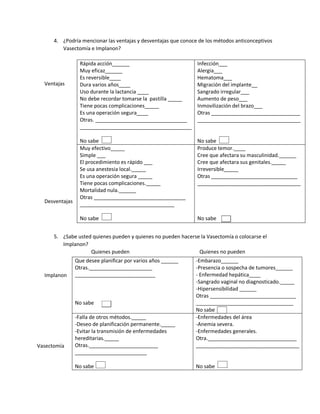 71
4. ¿Podría mencionar las ventajas y desventajas que conoce de los métodos anticonceptivos
Vasectomía e Implanon?
Ventajas
Desventajas
5. ¿Sabe usted quienes pueden y quienes no pueden hacerse la Vasectomía o colocarse el
Implanon?
Quienes pueden Quienes no pueden
Implanon
Vasectomía
Rápida acción______
Muy eficaz______
Es reversible____
Dura varios años____
Uso durante la lactancia ____
No debe recordar tomarse la pastilla _____
Tiene pocas complicaciones_____
Es una operación segura____
Otras. ________________________________
_______________________________________
No sabe
Infección___
Alergia___
Hematoma___
Migración del implante__
Sangrado irregular___
Aumento de peso___
Inmovilización del brazo___
Otras _______________________________
____________________________________
No sabe
Muy efectivo_____
Simple ___
El procedimiento es rápido ___
Se usa anestesia local._____
Es una operación segura _____
Tiene pocas complicaciones._____
Mortalidad nula.______
Otras ________________________________
_________________________________
No sabe
Produce temor.____
Cree que afectara su masculinidad.______
Cree que afectara sus genitales._____
Irreversible_____
Otras ______________________________
____________________________________
No sabe
Que desee planificar por varios años ______
Otras.______________________
____________________________
No sabe
-Embarazo______
-Presencia o sospecha de tumores______
- Enfermedad hepática____
-Sangrado vaginal no diagnosticado._____
-Hipersensibilidad ______
Otras ______________________________
__________________________________
No sabe
-Falla de otros métodos._____
-Deseo de planificación permanente._____
-Evitar la transmisión de enfermedades
hereditarias._____
Otras.________________________
_________________________
No sabe
-Enfermedades del área
-Anemia severa.
-Enfermedades generales.
Otra._______________________________
____________________________________
No sabe
 