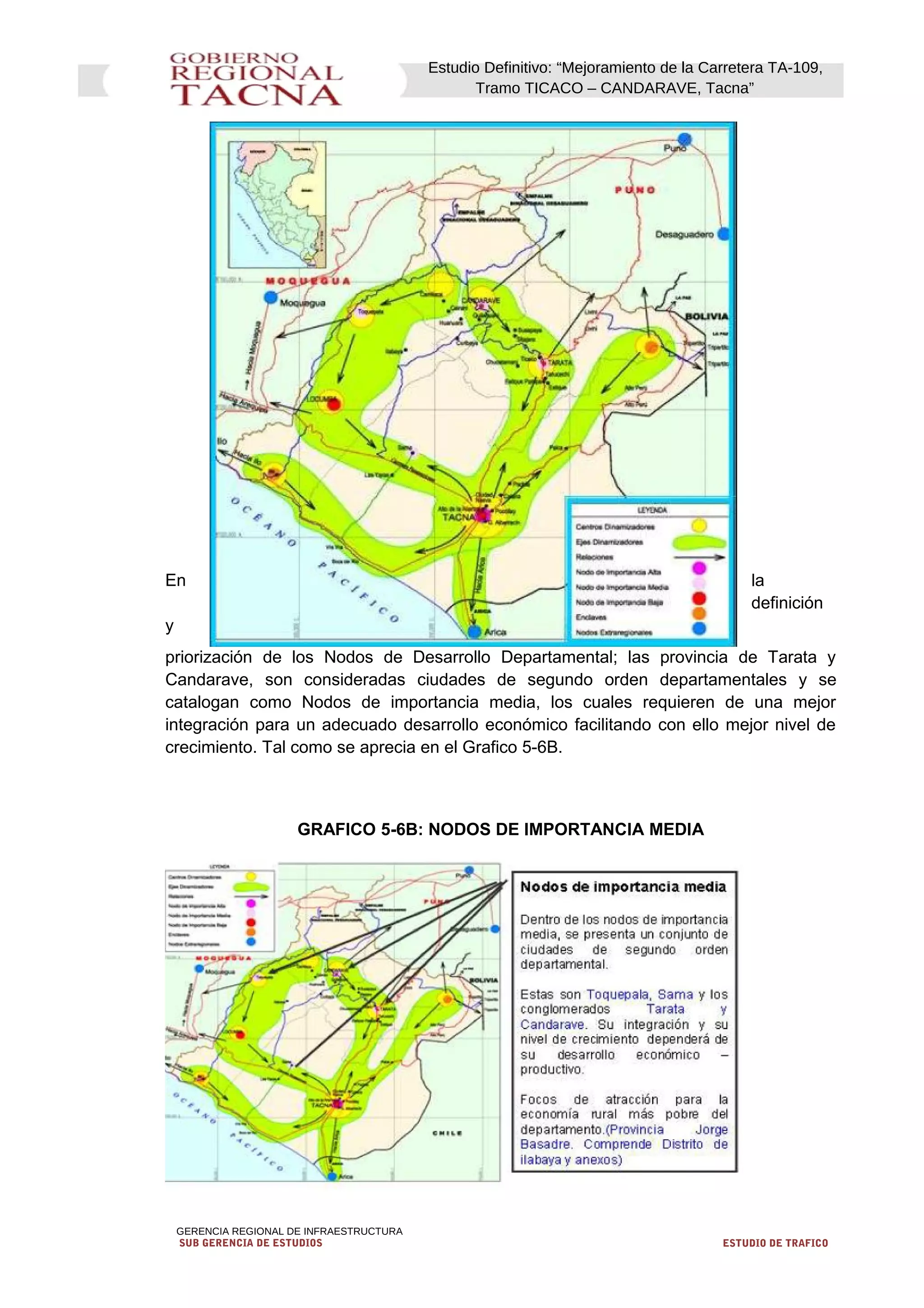 Estudio Definitivo: “Mejoramiento de la Carretera TA-109,
Tramo TICACO – CANDARAVE, Tacna”
En la
definición
y
priorización de los Nodos de Desarrollo Departamental; las provincia de Tarata y
Candarave, son consideradas ciudades de segundo orden departamentales y se
catalogan como Nodos de importancia media, los cuales requieren de una mejor
integración para un adecuado desarrollo económico facilitando con ello mejor nivel de
crecimiento. Tal como se aprecia en el Grafico 5-6B.
GRAFICO 5-6B: NODOS DE IMPORTANCIA MEDIA
GERENCIA REGIONAL DE INFRAESTRUCTURA
SUB GERENCIA DE ESTUDIOS ESTUDIO DE TRAFICO
 