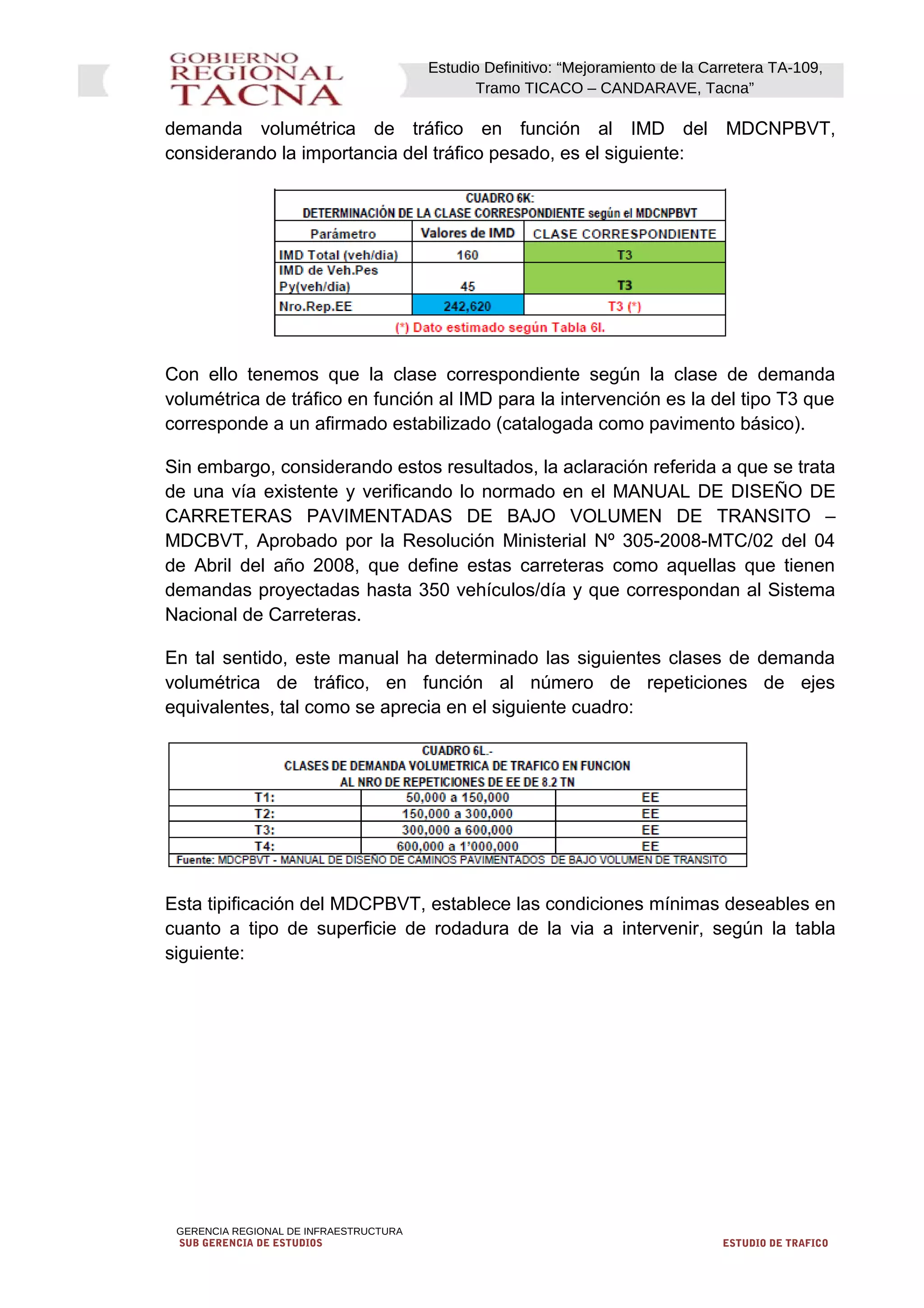 Estudio Definitivo: “Mejoramiento de la Carretera TA-109,
Tramo TICACO – CANDARAVE, Tacna”
demanda volumétrica de tráfico en función al IMD del MDCNPBVT,
considerando la importancia del tráfico pesado, es el siguiente:
Con ello tenemos que la clase correspondiente según la clase de demanda
volumétrica de tráfico en función al IMD para la intervención es la del tipo T3 que
corresponde a un afirmado estabilizado (catalogada como pavimento básico).
Sin embargo, considerando estos resultados, la aclaración referida a que se trata
de una vía existente y verificando lo normado en el MANUAL DE DISEÑO DE
CARRETERAS PAVIMENTADAS DE BAJO VOLUMEN DE TRANSITO –
MDCBVT, Aprobado por la Resolución Ministerial Nº 305-2008-MTC/02 del 04
de Abril del año 2008, que define estas carreteras como aquellas que tienen
demandas proyectadas hasta 350 vehículos/día y que correspondan al Sistema
Nacional de Carreteras.
En tal sentido, este manual ha determinado las siguientes clases de demanda
volumétrica de tráfico, en función al número de repeticiones de ejes
equivalentes, tal como se aprecia en el siguiente cuadro:
Esta tipificación del MDCPBVT, establece las condiciones mínimas deseables en
cuanto a tipo de superficie de rodadura de la via a intervenir, según la tabla
siguiente:
GERENCIA REGIONAL DE INFRAESTRUCTURA
SUB GERENCIA DE ESTUDIOS ESTUDIO DE TRAFICO
 