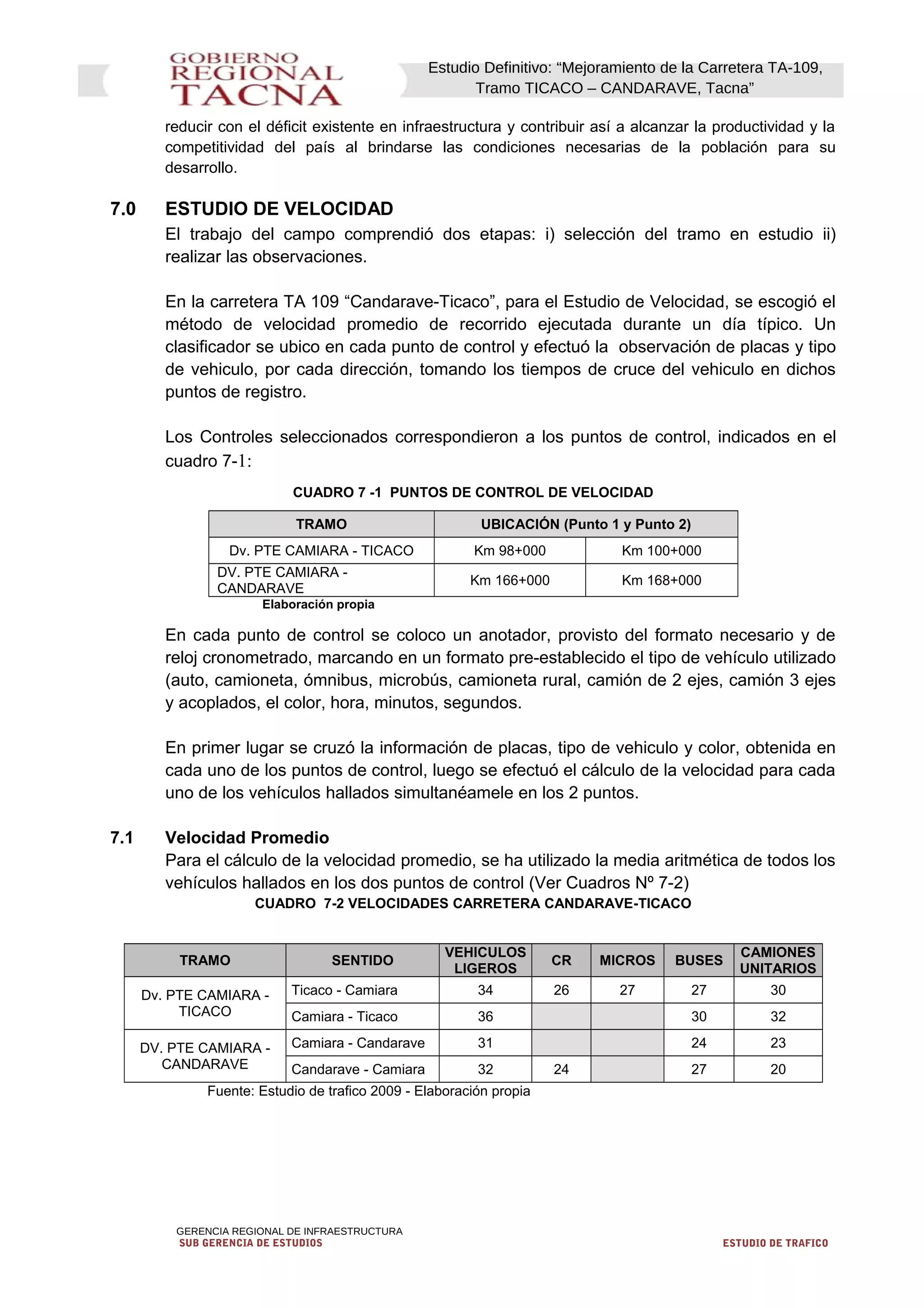 Estudio Definitivo: “Mejoramiento de la Carretera TA-109,
Tramo TICACO – CANDARAVE, Tacna”
reducir con el déficit existente en infraestructura y contribuir así a alcanzar la productividad y la
competitividad del país al brindarse las condiciones necesarias de la población para su
desarrollo.
7.0 ESTUDIO DE VELOCIDAD
El trabajo del campo comprendió dos etapas: i) selección del tramo en estudio ii)
realizar las observaciones.
En la carretera TA 109 “Candarave-Ticaco”, para el Estudio de Velocidad, se escogió el
método de velocidad promedio de recorrido ejecutada durante un día típico. Un
clasificador se ubico en cada punto de control y efectuó la observación de placas y tipo
de vehiculo, por cada dirección, tomando los tiempos de cruce del vehiculo en dichos
puntos de registro.
Los Controles seleccionados correspondieron a los puntos de control, indicados en el
cuadro 7-1:
CUADRO 7 -1 PUNTOS DE CONTROL DE VELOCIDAD
TRAMO UBICACIÓN (Punto 1 y Punto 2)
Dv. PTE CAMIARA - TICACO Km 98+000 Km 100+000
DV. PTE CAMIARA -
CANDARAVE
Km 166+000 Km 168+000
Elaboración propia
En cada punto de control se coloco un anotador, provisto del formato necesario y de
reloj cronometrado, marcando en un formato pre-establecido el tipo de vehículo utilizado
(auto, camioneta, ómnibus, microbús, camioneta rural, camión de 2 ejes, camión 3 ejes
y acoplados, el color, hora, minutos, segundos.
En primer lugar se cruzó la información de placas, tipo de vehiculo y color, obtenida en
cada uno de los puntos de control, luego se efectuó el cálculo de la velocidad para cada
uno de los vehículos hallados simultanéamele en los 2 puntos.
7.1 Velocidad Promedio
Para el cálculo de la velocidad promedio, se ha utilizado la media aritmética de todos los
vehículos hallados en los dos puntos de control (Ver Cuadros Nº 7-2)
CUADRO 7-2 VELOCIDADES CARRETERA CANDARAVE-TICACO
TRAMO SENTIDO
VEHICULOS
LIGEROS
CR MICROS BUSES
CAMIONES
UNITARIOS
Dv. PTE CAMIARA -
TICACO
Ticaco - Camiara 34 26 27 27 30
Camiara - Ticaco 36 30 32
DV. PTE CAMIARA -
CANDARAVE
Camiara - Candarave 31 24 23
Candarave - Camiara 32 24 27 20
Fuente: Estudio de trafico 2009 - Elaboración propia
GERENCIA REGIONAL DE INFRAESTRUCTURA
SUB GERENCIA DE ESTUDIOS ESTUDIO DE TRAFICO
 