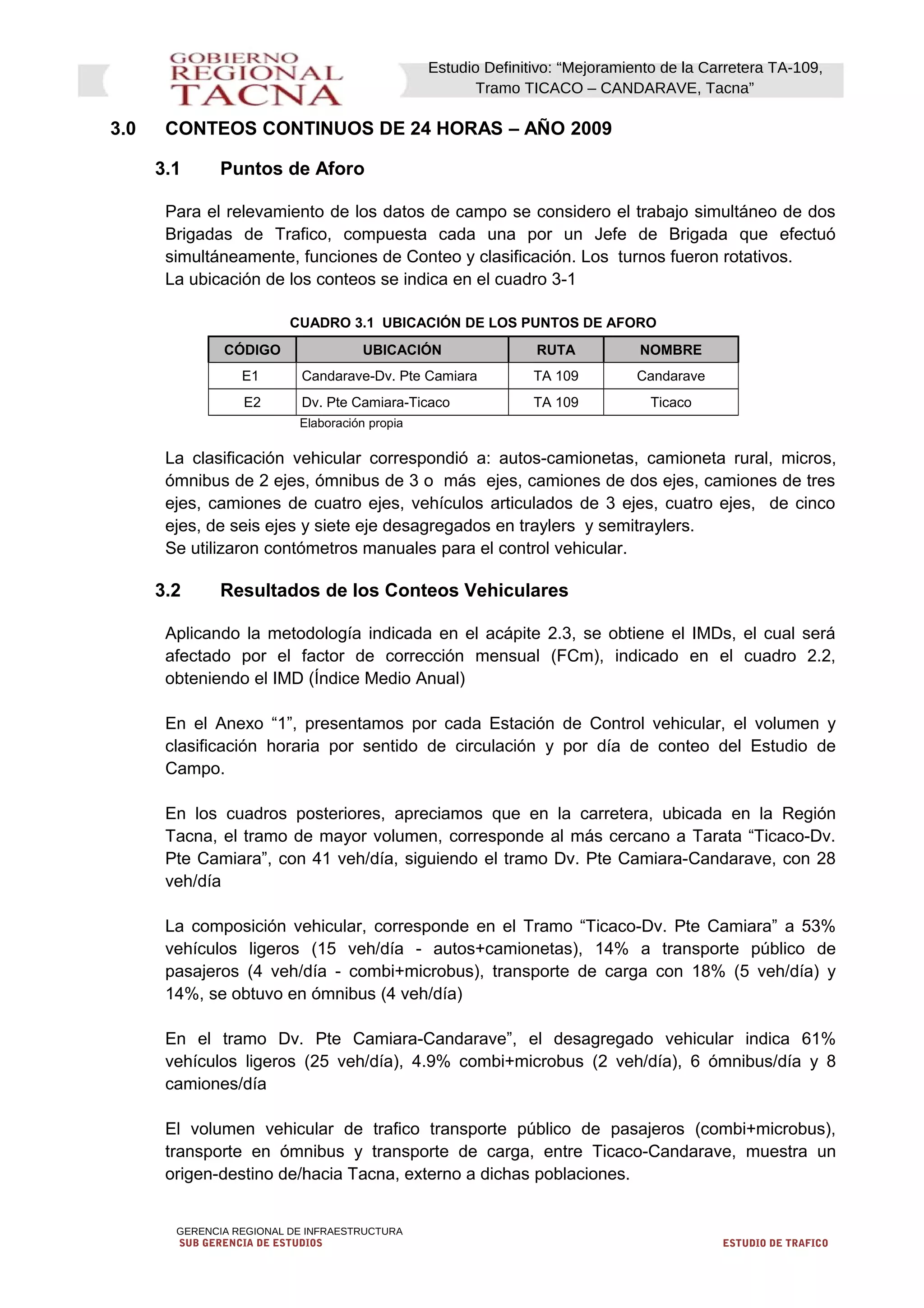 Estudio Definitivo: “Mejoramiento de la Carretera TA-109,
Tramo TICACO – CANDARAVE, Tacna”
3.0 CONTEOS CONTINUOS DE 24 HORAS – AÑO 2009
3.1 Puntos de Aforo
Para el relevamiento de los datos de campo se considero el trabajo simultáneo de dos
Brigadas de Trafico, compuesta cada una por un Jefe de Brigada que efectuó
simultáneamente, funciones de Conteo y clasificación. Los turnos fueron rotativos.
La ubicación de los conteos se indica en el cuadro 3-1
CUADRO 3.1 UBICACIÓN DE LOS PUNTOS DE AFORO
CÓDIGO UBICACIÓN RUTA NOMBRE
E1 Candarave-Dv. Pte Camiara TA 109 Candarave
E2 Dv. Pte Camiara-Ticaco TA 109 Ticaco
Elaboración propia
La clasificación vehicular correspondió a: autos-camionetas, camioneta rural, micros,
ómnibus de 2 ejes, ómnibus de 3 o más ejes, camiones de dos ejes, camiones de tres
ejes, camiones de cuatro ejes, vehículos articulados de 3 ejes, cuatro ejes, de cinco
ejes, de seis ejes y siete eje desagregados en traylers y semitraylers.
Se utilizaron contómetros manuales para el control vehicular.
3.2 Resultados de los Conteos Vehiculares
Aplicando la metodología indicada en el acápite 2.3, se obtiene el IMDs, el cual será
afectado por el factor de corrección mensual (FCm), indicado en el cuadro 2.2,
obteniendo el IMD (Índice Medio Anual)
En el Anexo “1”, presentamos por cada Estación de Control vehicular, el volumen y
clasificación horaria por sentido de circulación y por día de conteo del Estudio de
Campo.
En los cuadros posteriores, apreciamos que en la carretera, ubicada en la Región
Tacna, el tramo de mayor volumen, corresponde al más cercano a Tarata “Ticaco-Dv.
Pte Camiara”, con 41 veh/día, siguiendo el tramo Dv. Pte Camiara-Candarave, con 28
veh/día
La composición vehicular, corresponde en el Tramo “Ticaco-Dv. Pte Camiara” a 53%
vehículos ligeros (15 veh/día - autos+camionetas), 14% a transporte público de
pasajeros (4 veh/día - combi+microbus), transporte de carga con 18% (5 veh/día) y
14%, se obtuvo en ómnibus (4 veh/día)
En el tramo Dv. Pte Camiara-Candarave”, el desagregado vehicular indica 61%
vehículos ligeros (25 veh/día), 4.9% combi+microbus (2 veh/día), 6 ómnibus/día y 8
camiones/día
El volumen vehicular de trafico transporte público de pasajeros (combi+microbus),
transporte en ómnibus y transporte de carga, entre Ticaco-Candarave, muestra un
origen-destino de/hacia Tacna, externo a dichas poblaciones.
GERENCIA REGIONAL DE INFRAESTRUCTURA
SUB GERENCIA DE ESTUDIOS ESTUDIO DE TRAFICO
 
