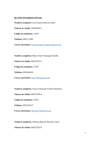 1
DATOS INFORMATIVOS
Nombres completos: Luis Ernesto Guevara Aldaz
Número de cédula: 160048266-3
Código de estudiante: 15450
Teléfono: 0983111080
Correo electrónico: luisernestoguevaraaldaz@gmail.com
Nombres completos: Marco Fidel Velasteguí Castillo
Número de cédula: 060192507-6
Código de estudiante: 15396
Teléfono: 0995666429
Correo electrónico: marc.fidel@gmail.com
Nombres completos: Francis Edmundo Carrillo Palomino
Número de cédula: 060391998-6
Código de estudiante: 15923
Teléfono: 0992783637
Correo electrónico: fracarril7@hotmail.com
Nombres completos: William Marcelo Morocho Lluco
Número de cédula: 060352202-0
 