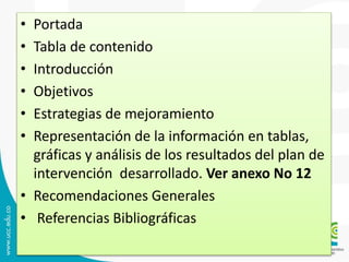 • Portada
• Tabla de contenido
• Introducción
• Objetivos
• Estrategias de mejoramiento
• Representación de la información en tablas,
gráficas y análisis de los resultados del plan de
intervención desarrollado. Ver anexo No 12
• Recomendaciones Generales
• Referencias Bibliográficas
 