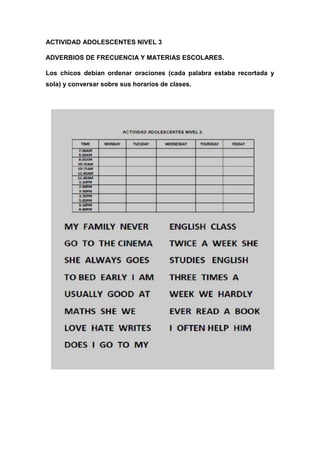 ACTIVIDAD ADOLESCENTES NIVEL 3
ADVERBIOS DE FRECUENCIA Y MATERIAS ESCOLARES.
Los chicos debían ordenar oraciones (cada palabra estaba recortada y
sola) y conversar sobre sus horarios de clases.
 