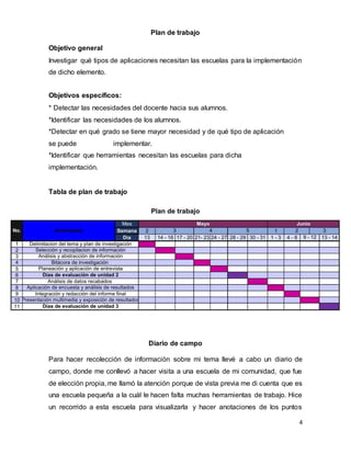 4
Plan de trabajo
Objetivo general
Investigar qué tipos de aplicaciones necesitan las escuelas para la implementación
de dicho elemento.
Objetivos específicos:
* Detectar las necesidades del docente hacia sus alumnos.
*Identificar las necesidades de los alumnos.
*Detectar en qué grado se tiene mayor necesidad y de qué tipo de aplicación
se puede implementar.
*Identificar que herramientas necesitan las escuelas para dicha
implementación.
Tabla de plan de trabajo
Diario de campo
Para hacer recolección de información sobre mi tema llevé a cabo un diario de
campo, donde me conllevó a hacer visita a una escuela de mi comunidad, que fue
de elección propia, me llamó la atención porque de vista previa me di cuenta que es
una escuela pequeña a la cuál le hacen falta muchas herramientas de trabajo. Hice
un recorrido a esta escuela para visualizarla y hacer anotaciones de los puntos
 