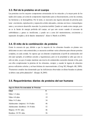 3.3. Rol de la proteína en el cuerpo
Las proteínas son los mayores componentes estructurales de los músculos y la mayor parte de los
tejidos del cuerpo, así como de componentes importantes para su funcionamiento, como las enzimas,
las hormonas y la hemoglobina. Por lo tanto, es necesaria una ingesta adecuada de proteína para
tener crecimiento, reproducción y reparación celular adecuados, sistemas nervioso e inmunológico
sanos y un correcto desarrollo muscular. La proteína también "puede ser usada como energía, pero
no es la fuente de energía preferida del cuerpo, así que esto ocurre cuando el consumo de
carbohidratos y grasas es insuficiente, y puede ser a costa del mantenimiento, crecimiento y
reparación de tejidos y de la función inmunitaria". (Kate A. Marsh et al 2003).
3.4. El mito de la combinación de proteína
Existe la creencia de que, debido a que la mayoría de los alimentos basados en plantas son
deficientes en uno o más aminoácidos, es necesario combinar varios alimentos para obtener proteína
completa, en cada comida. Se supone que un alimento complementa al perfil de aminoácidos del
otro (por ejemplo, al combinar cereales y leguminosas), pero en la actualidad se sabe que esto es
sólo un mito, ya que el cuerpo mantiene una reserva de aminoácidos esenciales durante el día, para
con ellos complementar la proteína de los alimentos, siempre y cuando la ingesta de alimentos
provea suficientes calorías y un buen balance de macronutrientes. (Craig WJ, Mangels AR, 2009).
"Numerosos estudios han demostrado que las deficiencias observadas en dietas basadas en plantas
se deben a una pobre planeación". (Karger, B.,2005)
3.5. Requerimientos diarios de proteína del ser humano
Ingesta Diaria Recomendada de Proteína
Edad 0
Niños 1-3 años 13
Niños 4-8 años 19
Niños 9-13 años 34
Adolescentes (mujeres) 14-18 años 46
Adolescentes (hombres) 14-18 años 52
Mujeres 19-70+ años 46
Hombres 19-70+ años 56
 