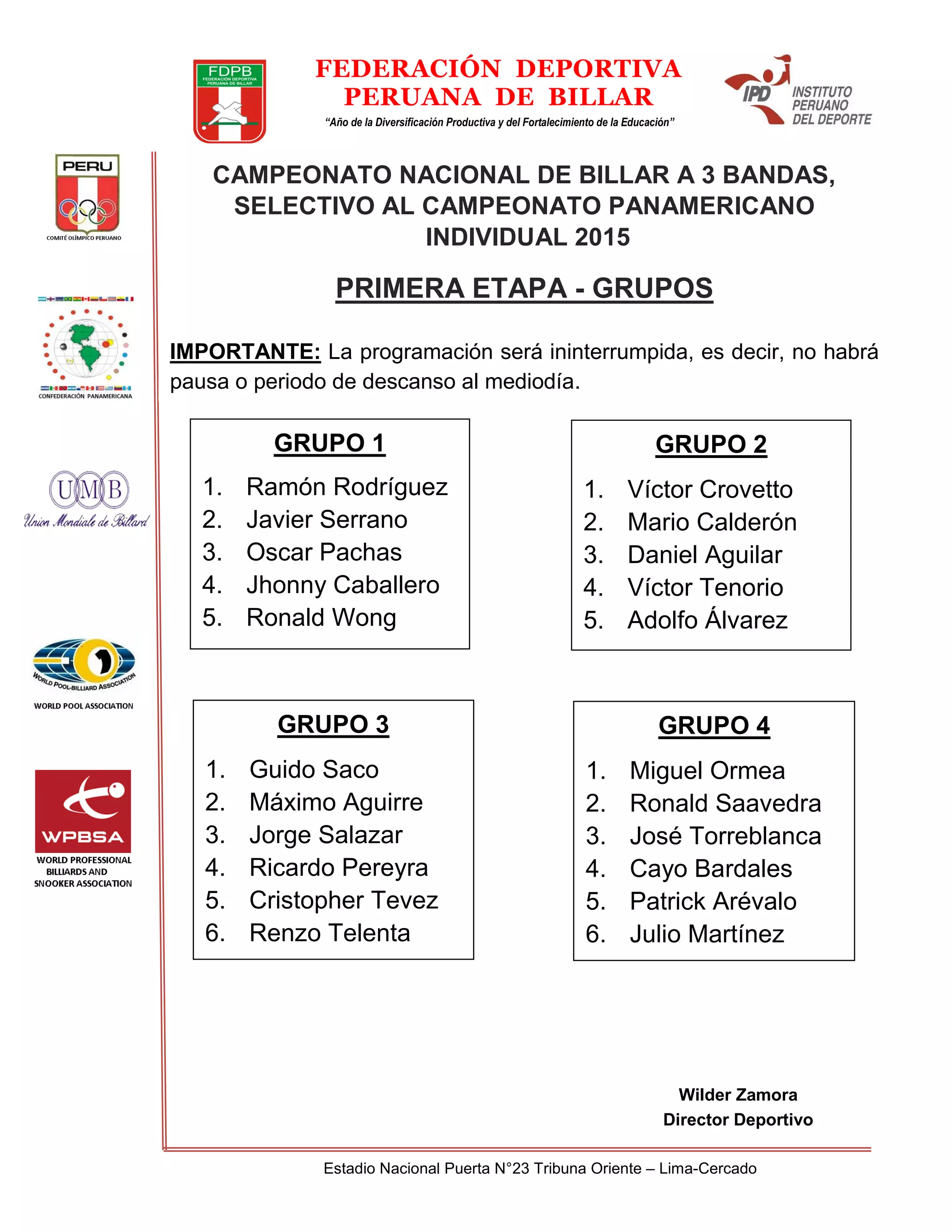 Estadio Nacional Puerta N°23 Tribuna Oriente – Lima-Cercado
FEDERACIÓN DEPORTIVA
PERUANA DE BILLAR
“Año de la Diversificación Productiva y del Fortalecimiento de la Educación”
GRUPO 1
1. Ramón Rodríguez
2. Javier Serrano
3. Oscar Pachas
4. Jhonny Caballero
5. Ronald Wong
GRUPO 3
1. Guido Saco
2. Máximo Aguirre
3. Jorge Salazar
4. Ricardo Pereyra
5. Cristopher Tevez
6. Renzo Telenta
GRUPO 4
1. Miguel Ormea
2. Ronald Saavedra
3. José Torreblanca
4. Cayo Bardales
5. Patrick Arévalo
6. Julio Martínez
Wilder Zamora
Director Deportivo
CAMPEONATO NACIONAL DE BILLAR A 3 BANDAS,
SELECTIVO AL CAMPEONATO PANAMERICANO
INDIVIDUAL 2015
PRIMERA ETAPA - GRUPOS
IMPORTANTE: La programación será ininterrumpida, es decir, no habrá
pausa o periodo de descanso al mediodía.
GRUPO 2
1. Víctor Crovetto
2. Mario Calderón
3. Daniel Aguilar
4. Víctor Tenorio
5. Adolfo Álvarez
 