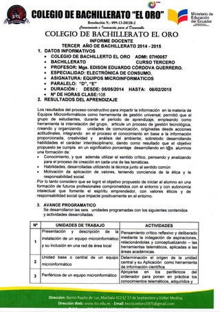 COLEGIO DE BACHIILERATO "EL ORO'
Resolución N.-099-13-DEIB-2 « « « ^ ^ ^ ^ ¿ ^ ^ ^
COLEGIO DE BACHILLERATO EL ORO
INFORME DOCENTE
TERCER AÑO DE BACHILLERATO 2014 - 2015
1. DATOS INFORMATIVOS
• COLEGIO DE BACHILLERTO E L ORO ADMI: 07H0057
. BACHILLERATO CURSO TERCERO
• PROFESOR: Mgs. EDISON EDUARDO CÓRDOVA GUERRERO.
• ESPECIALIDAD: ELECTRÓNICA DE CONSUMO.
• ASIGNATURA: EQUIPOS MICROINFORMATICOS
• PARALELO: "D", " E "
• DURACIÓN: DESDE: 05/05/2014 HASTA: 06/02/2015
• N» DE HORAS CLASE: 1 0 8
2. RESULTADOS DEL APRENDIZAJE
L o s resultados del p r o c e s o constructivo para impartir la información e n la m a t e r i a d e
E q u i p o s Microinformáticos c o m o h e r r a m i e n t a d e gestión universal, permitió q u e e l
g r u p o d e e s t u d i a n t e s , d u r a n t e e l periodo d e aprendizaje, e m p l e a n d o c o m o
h e r r a m i e n t a l a interrelación del grupo, articule u n p r o c e s o d e gestión tecnológica,
c r e a n d o y o r g a n i z a n d o u n i d a d e s d e comunicación, originadas d e s d e a c c i o n e s
actitudinales, integrando e n e l p r o c e s o e l c o n o c i m i e n t o e n b a s e a la información
proporcionada, creatividad y análisis d e l a m b i e n t e ; s o b r e t o d o d e s a r r o l l a n d o
habilidades e l carácter interdisciplinario, d a n d o c o m o resultado q u e e l objetivo
p r o p u e s t o s e c u m p l a e n u n significativo porcentaje d e s a r r o l l a n d o e n l @ s a l u m n o s
u n a formación de:
• C o n o c i m i e n t o , y q u e además utilizar el sentido crítico, p e n s a n d o y a n a l i z a n d o
para el p r o c e s o d e creación e n c a d a u n a d e las temáticas.
• Habilidades, desarrolladas utilizando la técnica j u n t o al sentido común
• Motivación d e aplicación d e v a l o r e s , t e n i e n d o conciencia d e l a ética y l a
responsabilidad social.
P o r lo t a n t o c o n s i d e r o q u e s e logró el objetivo p r o p u e s t o d e iniciar al a l u m n o e n u n a
formación d e futuros profesionales c o m p r o m e t i d o s con e l e n t o r n o y c o n autonomía
intelectual q u e f o m e n t e e l espíritu e m p r e n d e d o r , c o n v a l o r e s éticos y d e
responsabilidad social q u e impacte p o s i t i v a m e n t e e n el e n t o r n o .
3. AVANCE PROGRAMATICO
S e desarrollaron las seis u n i d a d e s p r o g r a m a d a s c o n los siguientes c o n t e n i d o s
y actividades desarrolladas:
UNIDADES DE TRABAJO ACTIVIDADES
1
Presentación y descripción d e l a
instalación d e u n equipo microinformático
y s u inclusión e n u n a red d e área local
P e n s a m i e n t o crítico reflexivo y deliberado
m e d i a n t e l a indagación d e aspiraciones,
relacionándolas y c o n c e p t u a l i z a n d o - las
h e r r a m i e n t a s telemáticos, aplicadas a las
áreas académicas.
2
U n i d a d b a s e o central d e u n e q u i p o
microinformático
Determinación e l origen d e l a unidad
central y s u Aplicación c o m o h e r r a m i e n t a
d e información científica
3 Periféricos d e u n equipo microinformático
A p o y a r s e e n l o s periféricos d e l
o r d e n a d o r para p o n e n e n práctica l o s
c o n o c i m i e n t o s telemáticos, adquiridos y
Dirección: Barrio R a y i t o de Luz, Máchala 4 1 2 E / 1 7 de S e p t i e m b r e y V o l t e r M e d i n a .
Dirección Web: w w w . i t o . e d u . e e - Email: t e c n i c o e l o r o l 9 7 5 @ g m a i l . c o m
 