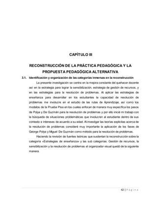 42 | P á g i n a
CAPÍTULO III
RECONSTRUCCIÓN DE LA PRÁCTICA PEDAGÓGICA Y LA
PROPUESTA PEDAGÓGICA ALTERNATIVA
3.1. Identificación y organización de las categorías inmersas en la reconstrucción
La presente investigación se centra en la mejora constante del quehacer docente
así en la estrategia para lograr la sensibilización, estrategia de gestión de recursos, y
en las estrategias para la resolución de problemas. Al aplicar las estrategias de
enseñanza para desarrollar en los estudiantes la capacidad de resolución de
problemas me involucre en el estudio de las rutas de Aprendizaje, así como los
modelos de la Prueba Pisa en los cuales enfocan de manera muy específica los pasos
de Polya y De Guzmán para la resolución de problemas y por ello inicié mi trabajo con
la búsqueda de situaciones problemáticas que involucren al estudiante dentro de sus
contexto e intereses de acuerdo a su edad. Al investigar las teorías explicitas acerca de
la resolución de problemas consideré muy importante la aplicación de los fases de
George Polya y Miguel De Guzmán como método para la resolución de problemas.
Haciendo la revisión de fuentes teóricas que sustentan la reconstrucción sobre la
categoría «Estrategias de enseñanza» y las sub categorías: Gestión de recursos, la
sensibilización y la resolución de problemas el organizador visual quedó de la siguiente
manera.
 