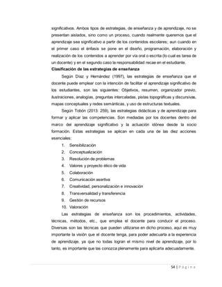 54 | P á g i n a
significativos. Ambos tipos de estrategias, de enseñanza y de aprendizaje, no se
presentan aislados, sino como un proceso, cuando realmente queremos que el
aprendizaje sea significativo a partir de los contenidos escolares; aun cuando en
el primer caso el énfasis se pone en el diseño, programación, elaboración y
realización de los contenidos a aprender por vía oral o escrita (lo cual es tarea de
un docente) y en el segundo caso la responsabilidad recae en el estudiante.
Clasificación de las estrategias de enseñanza
Según Díaz y Hernández (1997), las estrategias de enseñanza que el
docente puede emplear con la intención de facilitar el aprendizaje significativo de
los estudiantes, son las siguientes: Objetivos, resumen, organizador previo,
ilustraciones, analogías, preguntas intercaladas, pistas topográficas y discursivas,
mapas conceptuales y redes semánticas, y uso de estructuras textuales.
Según Tobón (2013: 259), las estrategias didácticas y de aprendizaje para
formar y aplicar las competencias. Son mediadas por los docentes dentro del
marco del aprendizaje significativo y la actuación idónea desde la socio
formación. Estas estrategias se aplican en cada una de las diez acciones
esenciales:
1. Sensibilización
2. Conceptualización
3. Resolución de problemas
4. Valores y proyecto ético de vida
5. Colaboración
6. Comunicación asertiva
7. Creatividad, personalización e innovación
8. Transversalidad y transferencia
9. Gestión de recursos
10. Valoración
Las estrategias de enseñanza son los procedimientos, actividades,
técnicas, métodos, etc., que emplea el docente para conducir el proceso.
Diversas son las técnicas que pueden utilizarse en dicho proceso, aquí es muy
importante la visión que el docente tenga, para poder adecuarla a la experiencia
de aprendizaje, ya que no todas logran el mismo nivel de aprendizaje, por lo
tanto, es importante que las conozca plenamente para aplicarla adecuadamente.
 