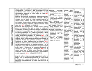 118 | P á g i n a
RESOLUCIÓNDEPROBLEMAS
•Luego, pegué el papelote en la pizarra con la situación
problemática y comencé a leer juntamente con los
estudiantes varias veces hasta comprender, y les dije
resolveremos utilizando los cuatro pasos de Polya (RP).
(Diario 1: 28-08-2014)
•Una vez terminado la parte teórica, dije ahora vamos a
resolver la situación problemática, pregunté a Brayan
¿Cuáles son los pasos de Polya? contestó diciendo no
vine a la clase anterior, a lo que Juan Carlos responde
son cuatro: Comprender el problema, elaborar un plan,
desarrollar el plan y analizar la solución obtenida, le dije
¡Muy bien! (RP). (Diario 2: 04-09-2014)
•Entonces, dije empecemos a resolver y en el primer
paso, le pregunté ¿De qué se trata el problema?
Contestaron diciendo que en una misma carretera se
encuentran tres pueblitos y a la mitad de camino se
encuentran paraderos, y ¿Cuáles son los datos? María
responde los paraderos están separados a 2.5 km y nos
pide la distancia que separa a los pueblitos (RP1). En el
segundo paso, qué haremos dije, y respondieron
diciendo vamos a buscar las estrategias para resolver el
problema, Fiorella dice primero haremos su grafica
respectiva y luego plantearemos la ecuación (RP2).
Ahora en el tercer paso qué se debe hacer, a lo que
Percy responde haremos su grafica respectiva y en el
segmento que se pide colocaremos la incógnita “x” para
poder hallar, y finalmente se resuelve despejando la
variable “x” que es igual a 5 kilómetros (RP3). En el
cuarto paso que se debe hacer, Carolina contesta
analizar la solución obtenida para saber si hemos fallado
o no la respuesta (RP4). (Diario4:01-10-2014)
Luego de aplicar mi propuesta pedagógica alternativa, he
notado que los estudiantes reconocen las cuatro fases
de Polya, para resolver problemas. Mi enseñanza va
mejorando progresivamente en cuanto a la resolución de
problemas.
 Algunas situaciones
problemáticas han sido
contextualizadas por el
docente.
 EL docente utilizo el
método de George
Polya para la resolución
de problemas.
 Se evidencia la
aplicación de los cuatro
pasos de George Polya.
 El docente busca la
mejor estrategia para
resolver problemas.
 También comprueba el
resultado obtenido para
verificar la respuesta,
juntamente con los
estudiantes.
 En las actividades
lúdicas, el docente
utilizo las fases de
Miguel De Guzmán.
•Algunas veces
el profesor
promueve
resolver
problemas de la
vida cotidiana.
•Generalmente
el docente nos
motiva resolver
problemas
aplicando los
cuatro pasos de
George Polya,
•Los cuatro
pasos de Polya,
para resolver el
problema, son:
Entender el
problema,
elaborar el
problema,
desarrollar el
problema y
analizar la
solución
obtenida.
•Además, el
docente busca
la mejor
estrategia para
resolver
problemas, y
estamos
contentos con
los logros
obtenidos en la
resolución de
problemas.
Se encontró
marcadas
coincidencias
entre mi diario de
campo, el diario de
campo del
acompañante
pedagógico y el
cuestionario de la
encuesta de los
educandos, donde
de manifiesta que
las situaciones
problemáticas
presentadas son
de su contexto
vivencial y para la
resolución de
problemas,
siempre utilizamos
las cuatro fases de
G. Polya, lo cual
demuestra la
efectividad de mi
propuesta
pedagógica
alternativa.
Por lo tanto, las
coincidencias
encontradas en
esta subcategoría
también son una
evidencia de la
efectividad de la
propuesta, …
 