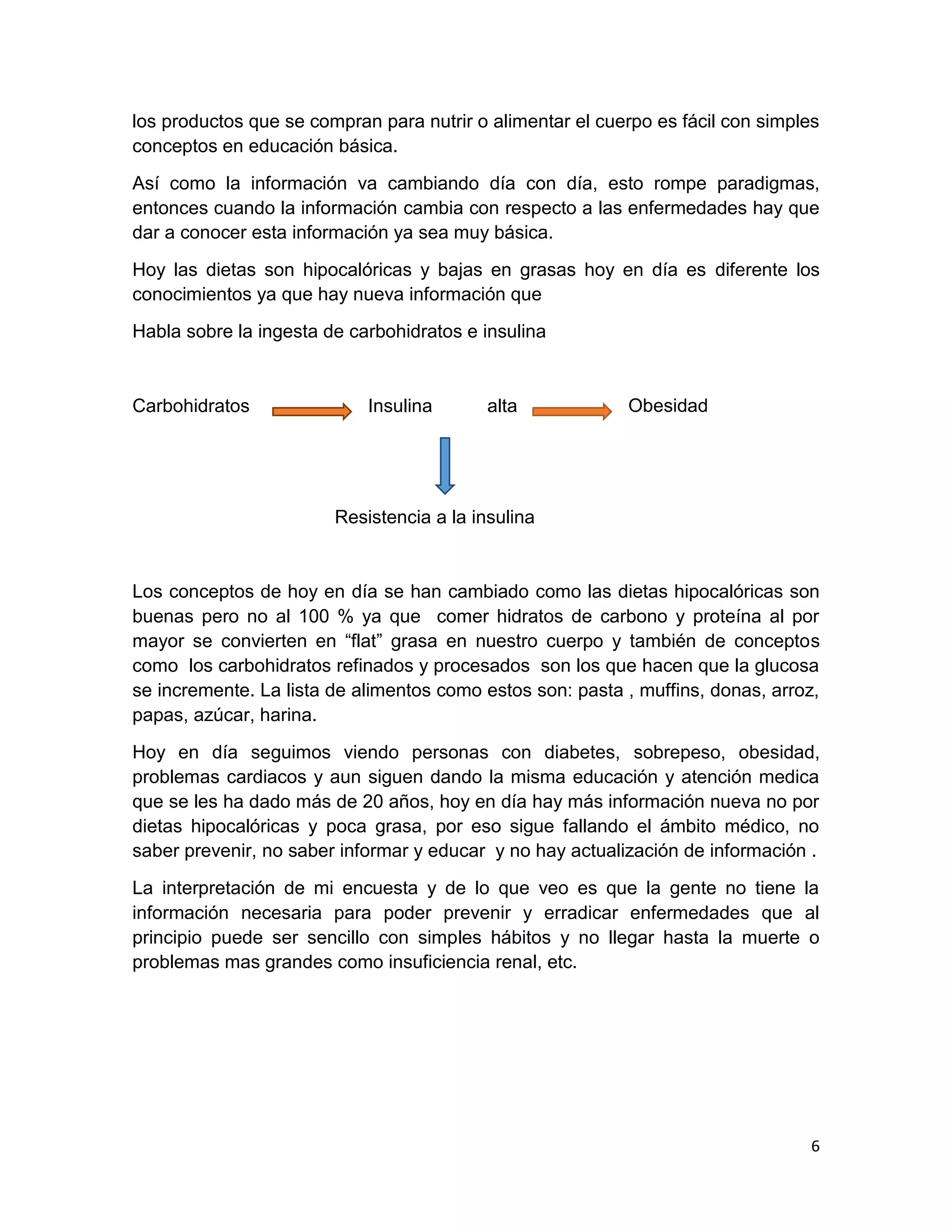 6
los productos que se compran para nutrir o alimentar el cuerpo es fácil con simples
conceptos en educación básica.
Así como la información va cambiando día con día, esto rompe paradigmas,
entonces cuando la información cambia con respecto a las enfermedades hay que
dar a conocer esta información ya sea muy básica.
Hoy las dietas son hipocalóricas y bajas en grasas hoy en día es diferente los
conocimientos ya que hay nueva información que
Habla sobre la ingesta de carbohidratos e insulina
Carbohidratos Insulina alta Obesidad
Resistencia a la insulina
Los conceptos de hoy en día se han cambiado como las dietas hipocalóricas son
buenas pero no al 100 % ya que comer hidratos de carbono y proteína al por
mayor se convierten en “flat” grasa en nuestro cuerpo y también de conceptos
como los carbohidratos refinados y procesados son los que hacen que la glucosa
se incremente. La lista de alimentos como estos son: pasta , muffins, donas, arroz,
papas, azúcar, harina.
Hoy en día seguimos viendo personas con diabetes, sobrepeso, obesidad,
problemas cardiacos y aun siguen dando la misma educación y atención medica
que se les ha dado más de 20 años, hoy en día hay más información nueva no por
dietas hipocalóricas y poca grasa, por eso sigue fallando el ámbito médico, no
saber prevenir, no saber informar y educar y no hay actualización de información .
La interpretación de mi encuesta y de lo que veo es que la gente no tiene la
información necesaria para poder prevenir y erradicar enfermedades que al
principio puede ser sencillo con simples hábitos y no llegar hasta la muerte o
problemas mas grandes como insuficiencia renal, etc.
 